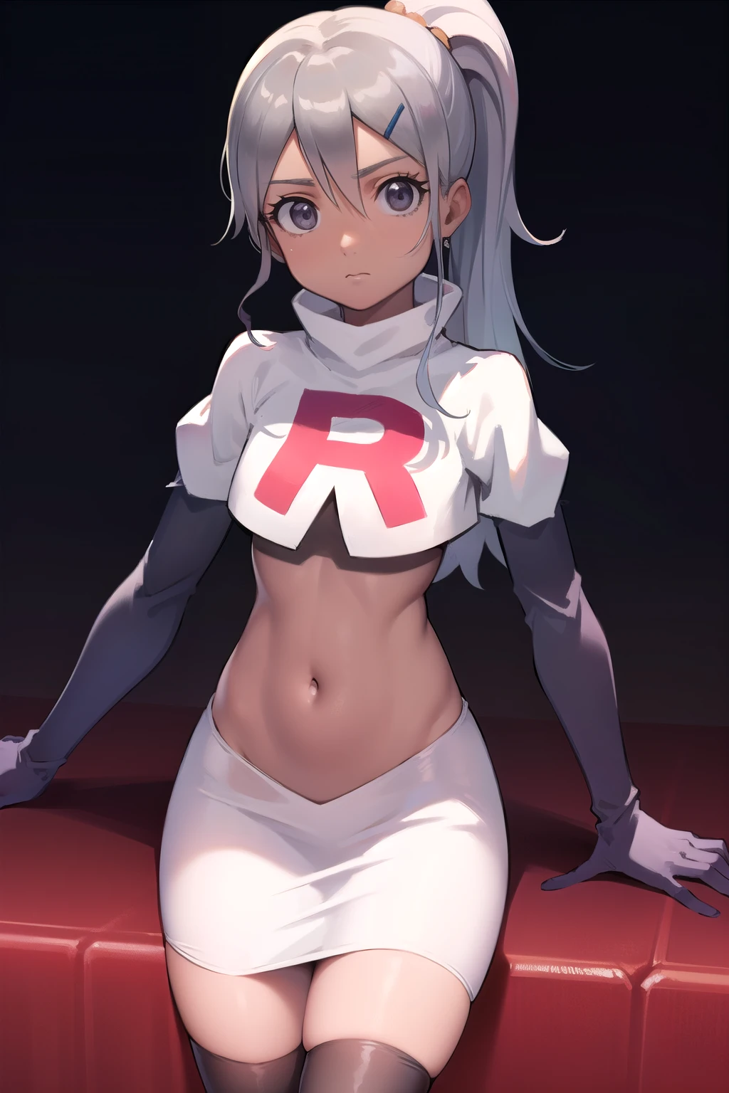 juliemakimoto, julie makimoto, long hair, hair ornament, ponytail, white hair, hairclip, dark skin, dark-skinned female, (grey eyes:1.5),
BREAK navel, jewelry, team rocket,team rocket uniform, red letter R, white skirt,white crop top,black thigh-highs,black elbow gloves
BREAK looking at viewer, (cowboy shot:1.5),
BREAK (masterpiece:1.2), best quality, high resolution, unity 8k wallpaper, (illustration:0.8), (beautiful detailed eyes:1.6), extremely detailed face, perfect lighting, extremely detailed CG, (perfect hands, perfect anatomy),