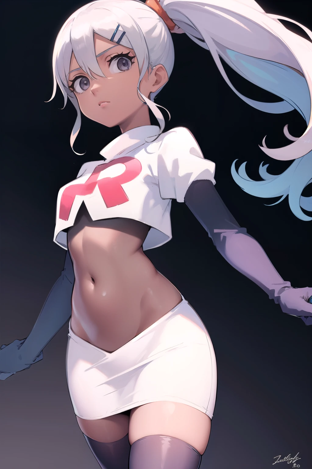 juliemakimoto, julie makimoto, long hair, hair ornament, ponytail, white hair, hairclip, dark skin, dark-skinned female, (grey eyes:1.5),
BREAK navel, jewelry, team rocket,team rocket uniform, red letter R, white skirt,white crop top,black thigh-highs,black elbow gloves
BREAK looking at viewer, (cowboy shot:1.5),
BREAK (masterpiece:1.2), best quality, high resolution, unity 8k wallpaper, (illustration:0.8), (beautiful detailed eyes:1.6), extremely detailed face, perfect lighting, extremely detailed CG, (perfect hands, perfect anatomy),