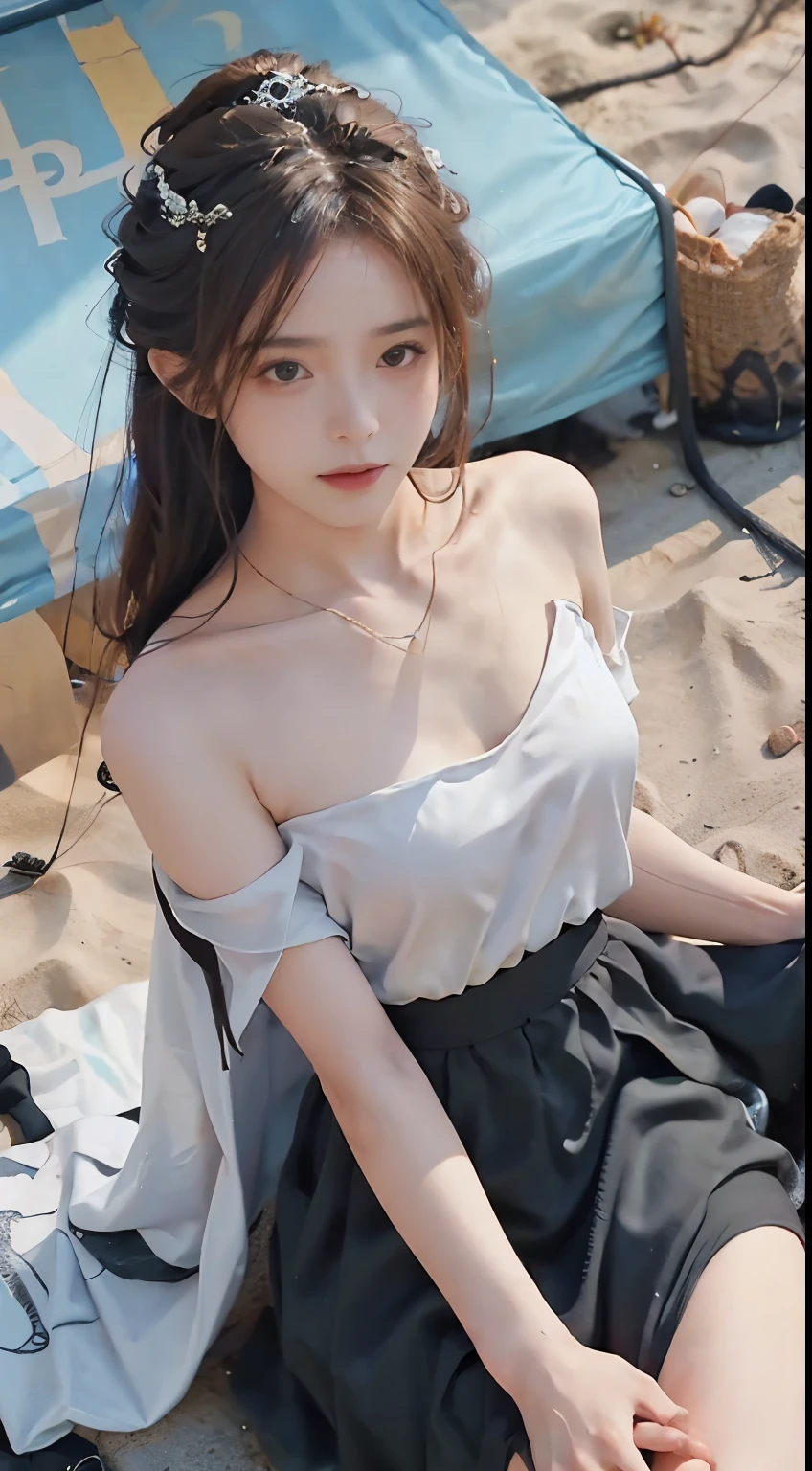 miansha,veil, (masterpiece, best quality:1.2), 1girl, solo, ((bare shoulders)), (actual:1.37), ((lying on a beach)), ((Bird's eye view shot)), Sweet maiden, beautiful妆容, Exquisite makeup, Extremely beautiful eyes, long hair, curls, slim body, big breasts, cleavage, Sexy slender legs, The skirt is short, Leaking sexy legs, elegant posture, best quality, correct, correct的手, correct的腿, 解剖学correct, official art, complex, detail的脸, detail, lifelike, Very detailed, amazing, beautiful, Young and energetic, Charming model, Meticulous CG Uniform 8k wallpaper