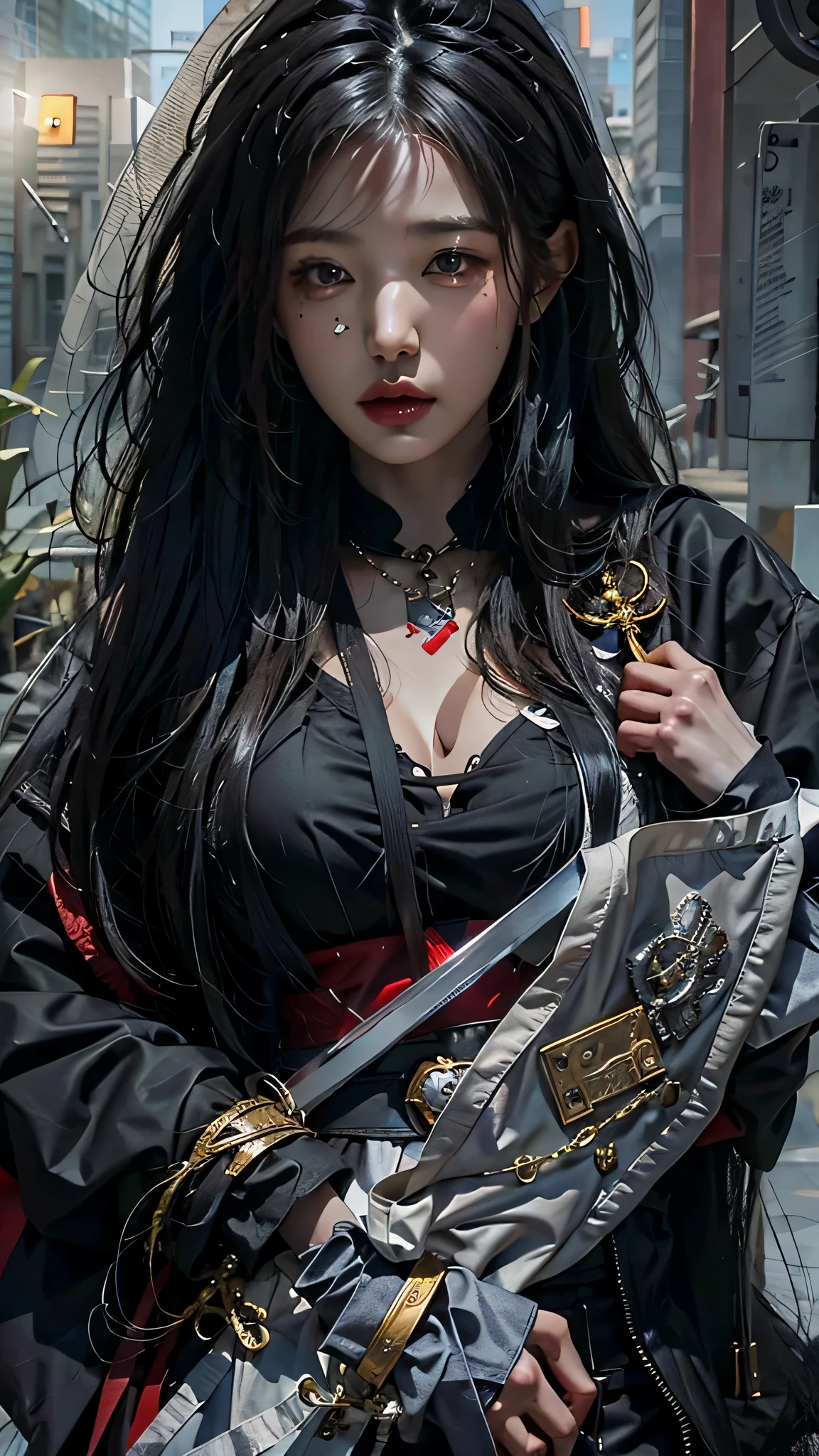 photorealistic, high resolution, soft light,1women, solo, hips up, (detailed face), jewelry, tattoo,black mafia clothing, black hair, super long hair, looking viewers, tatto, messy hair, close up, small breast, adult, holding sword