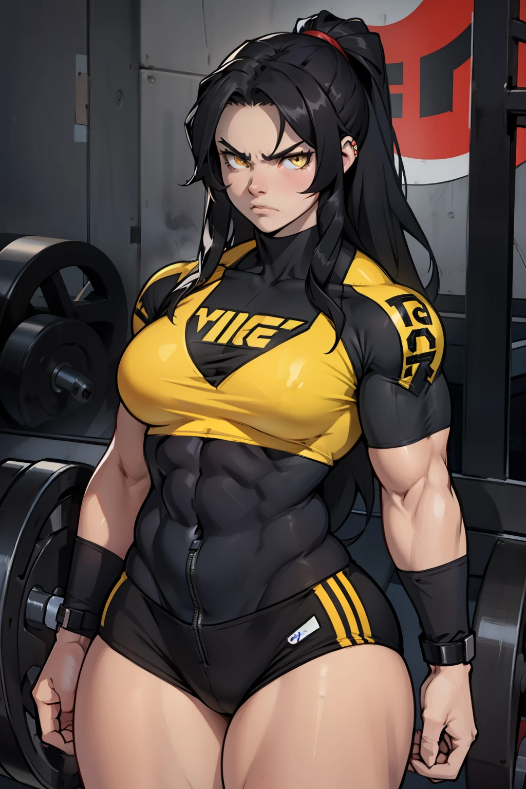 angry ((((1girl)))) (((bodybuilder))) pale skin black hair very long hair yellow eyes