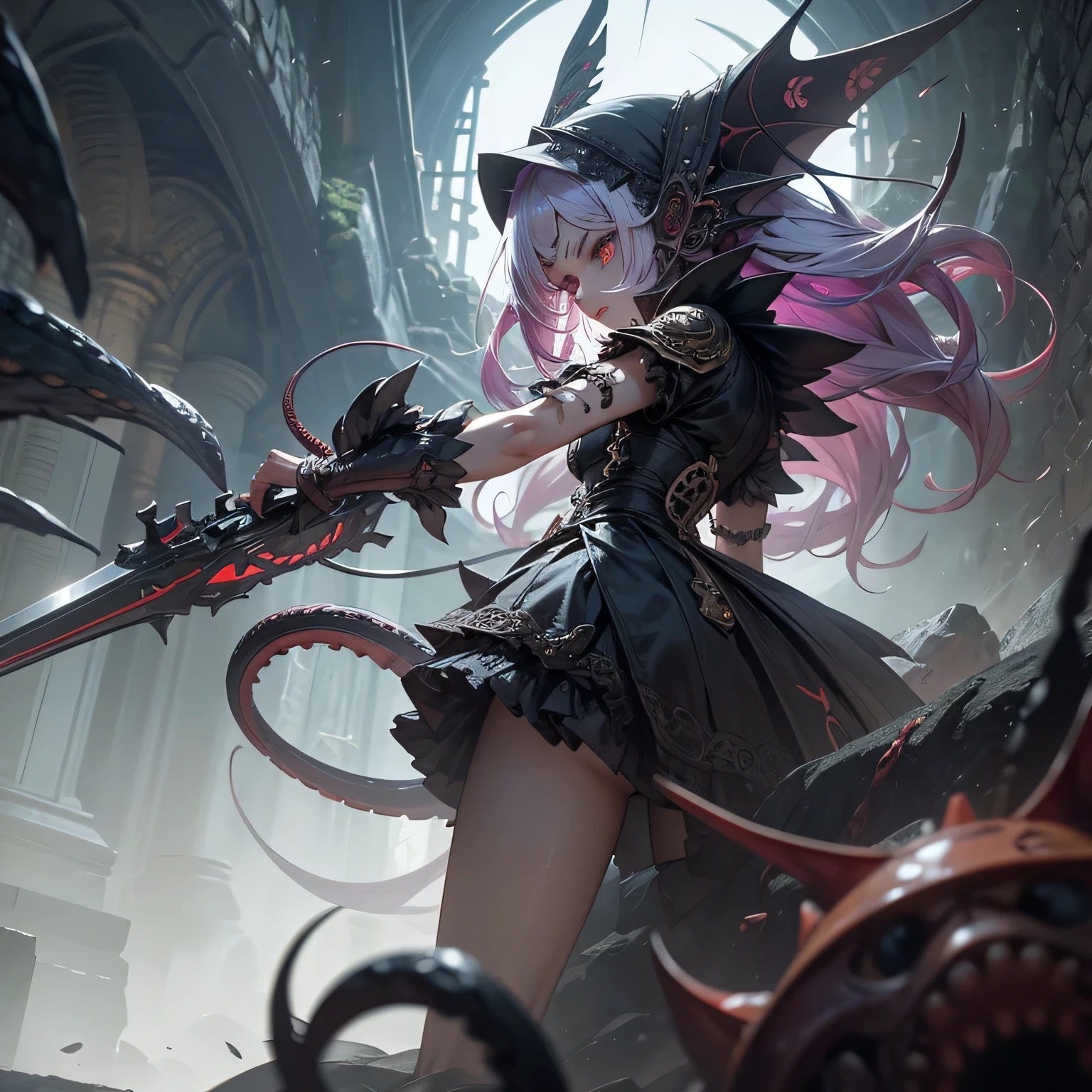 Automaton Robot Girl Steampumk, mecanismos sombrios, uma Arma Mangual Aberrante repousa, A nightmare creation ready for action. This mangrove weapon is a grotesque monstrosity, with twisted tentacles that form the extension of the weapon. Each tentacle ends in an eyelid with sharp, dentes presas, projecting like lethal blades. The body of the weapon is adorned with manic eyes that are filled with stitched human arms and tentacles that writhe like serpents. Apesar de estar acorrentada, the Aberrant Mangual Weapon displays an expression of madness and extreme insanity, as if it were a living extension of the chaos that inhabits the dungeon. Seus olhos brilham com uma intensidade perturbadora. The surrounding environment is threatening, with damp stone walls and a silence that seems oppressive. Flail's Aberrant Weapon is a cursed relic, A weapon that defies all notions of sanity and can unleash destruction at any time.