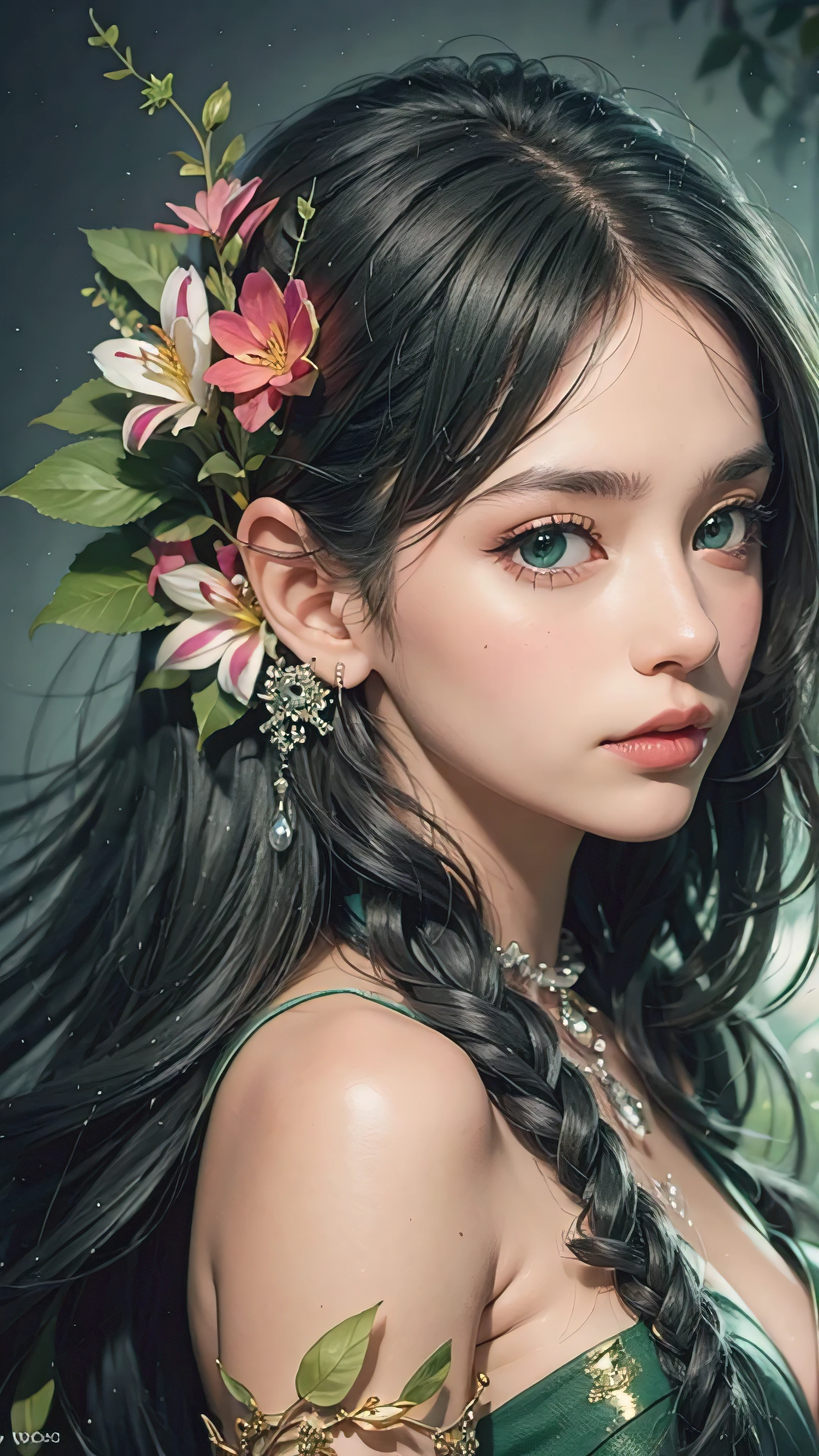 a green hair、woman with flowers in hair, Stunning fairy rendering, Beautiful fantasy art portrait, Beautiful fantasy portrait, beautiful elegant dryad, Very beautiful and wonderful art
