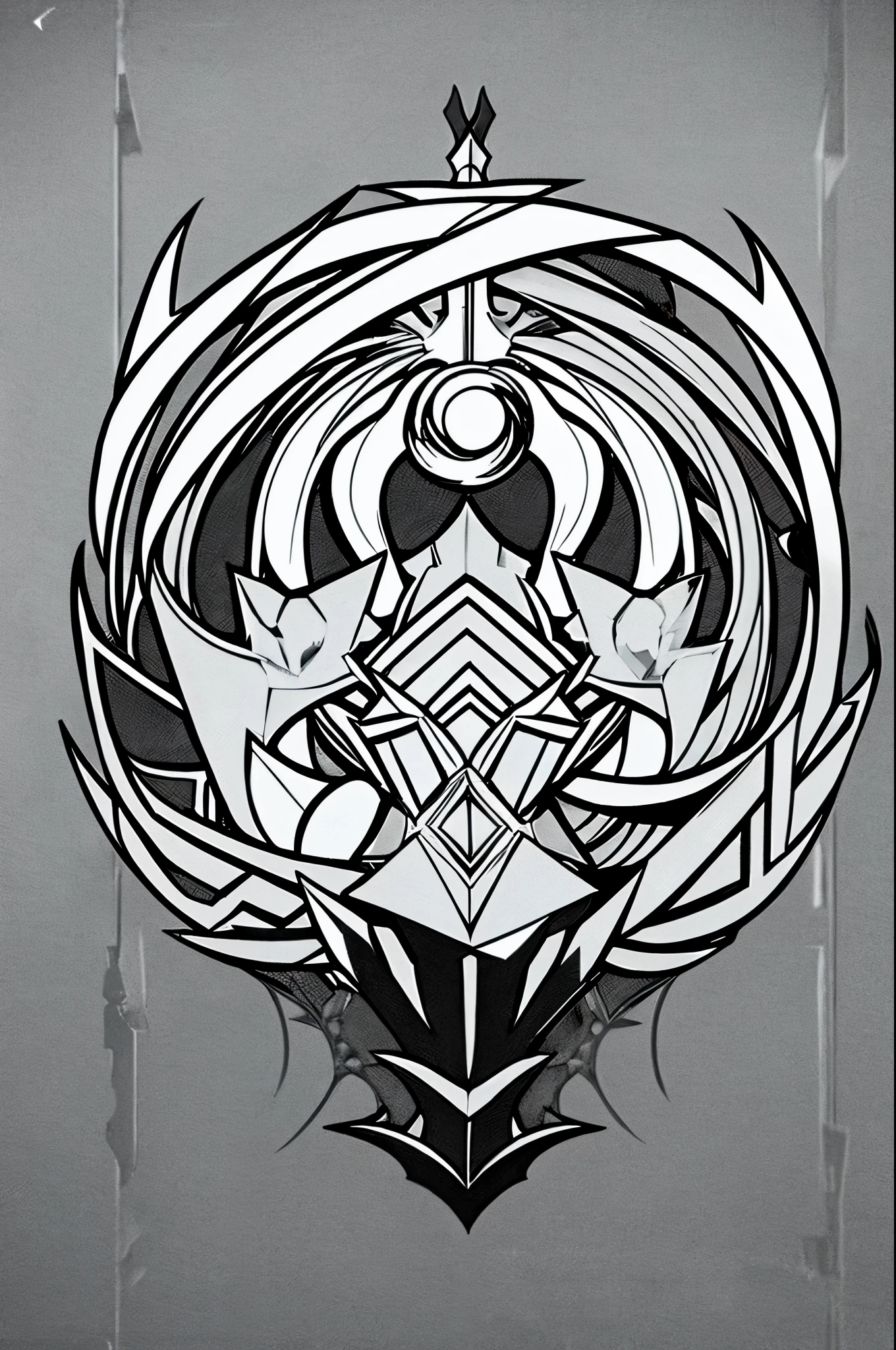One BlazBlue style coat of arms about an demon, ice, sword, multiple not linked parts, black and white