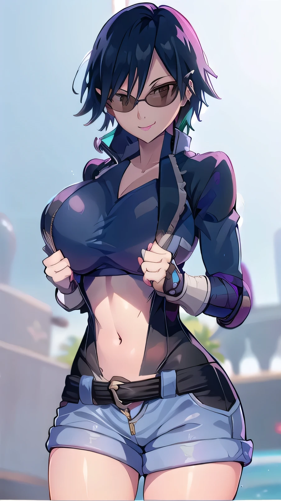 The chest is very large..,cute smile,Broken Heart Cutout,bend,Black Sunglasses.Cowboy Shot