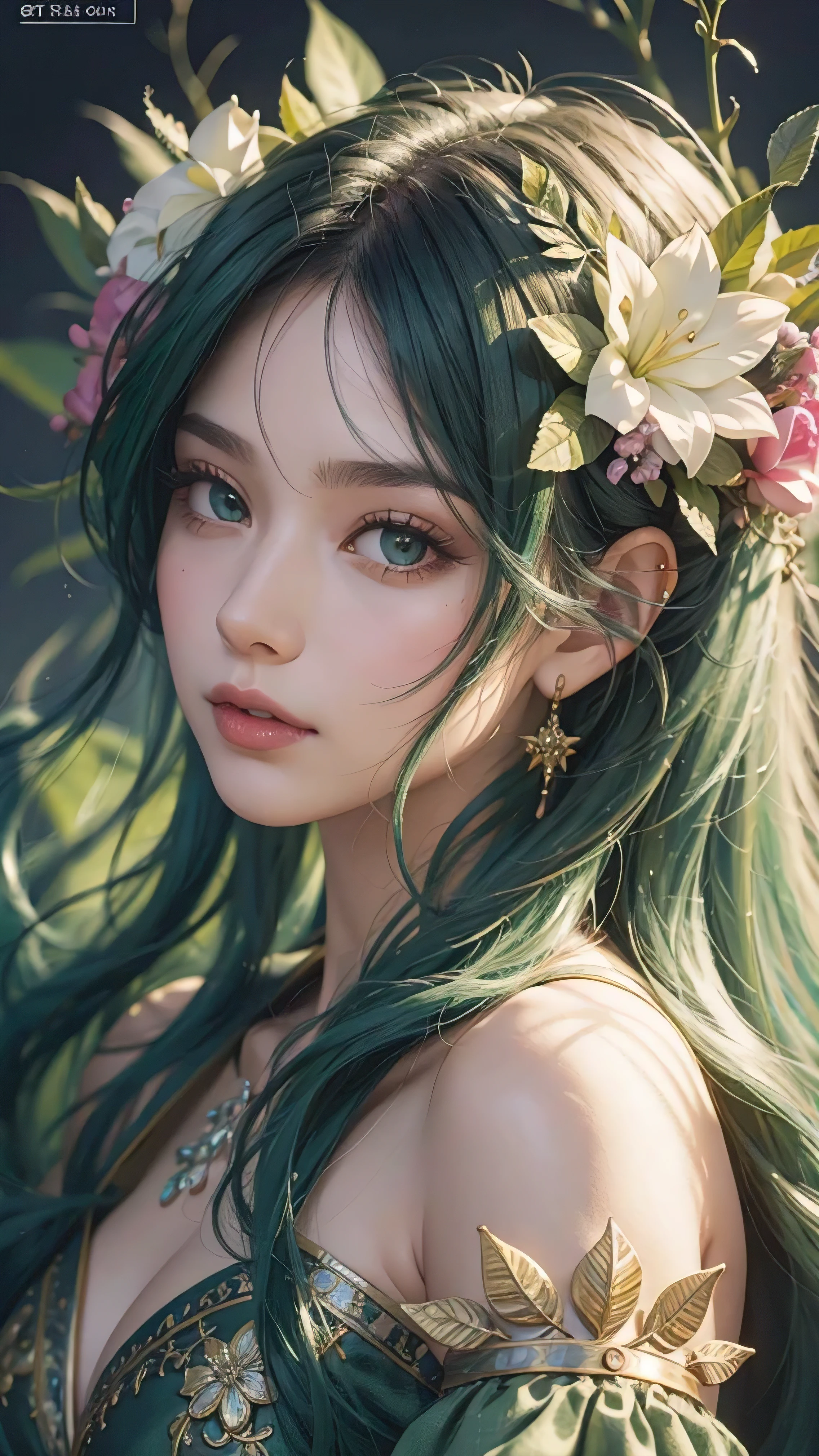a green hair、woman with flowers in hair, Stunning fairy rendering, Beautiful fantasy art portrait, Beautiful fantasy portrait, beautiful elegant dryad, Very beautiful and wonderful art，broken to pieces，best quality, (original photo: 1.2), (masterpiece: 1.4), (actual: 1.4), (High resolution: 1.4), depth of field, intricate details, 8K, Very detailed, perfect lighting, epic background