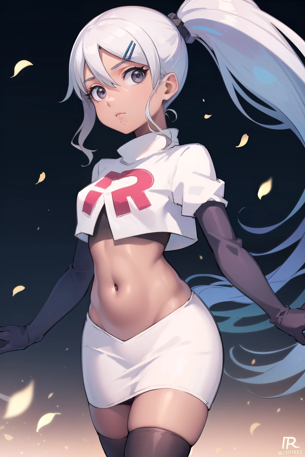 juliemakimoto, julie makimoto, long hair, hair ornament, ponytail, white hair, hairclip, dark skin, dark-skinned female, (grey eyes:1.5),
BREAK navel, jewelry, team rocket,team rocket uniform, red letter R, white skirt,white crop top,black thigh-highs,black elbow gloves
BREAK looking at viewer, (cowboy shot:1.5),
BREAK (masterpiece:1.2), best quality, high resolution, unity 8k wallpaper, (illustration:0.8), (beautiful detailed eyes:1.6), extremely detailed face, perfect lighting, extremely detailed CG, (perfect hands, perfect anatomy),