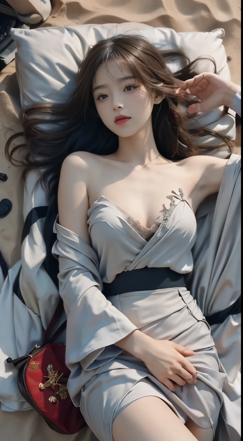 elaborate Hanfu, (masterpiece, best quality:1.2), 1girl, solo, ((bare shoulders)), (actual:1.37), ((lying on a beach)), ((Bird&#39;s eye view shot)), Sweet maiden, beautiful妆容, Exquisite makeup, Extremely beautiful eyes, long hair, curls, slim body, big breasts, cleavage, Sexy slender legs, The skirt is short, Leaking sexy legs, elegant posture, best quality, correct, correct的手, correct的腿, 解剖学correct, official art, complex, detail的脸, detail, lifelike, Very detailed, amazing, beautiful, Young and energetic, Charming model, Meticulous CG Uniform 8k wallpaper