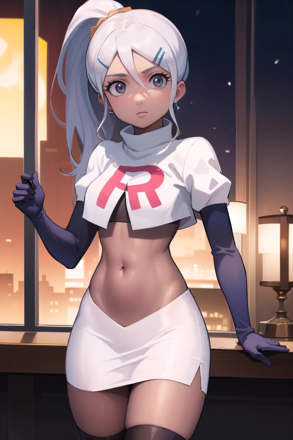 juliemakimoto, julie makimoto, long hair, hair ornament, ponytail, white hair, hairclip, dark skin, dark-skinned female, (grey eyes:1.5),
BREAK navel, jewelry, team rocket,team rocket uniform, red letter R, white skirt,white crop top,black thigh-highs,black elbow gloves
BREAK looking at viewer, (cowboy shot:1.5),
BREAK (masterpiece:1.2), best quality, high resolution, unity 8k wallpaper, (illustration:0.8), (beautiful detailed eyes:1.6), extremely detailed face, perfect lighting, extremely detailed CG, (perfect hands, perfect anatomy),