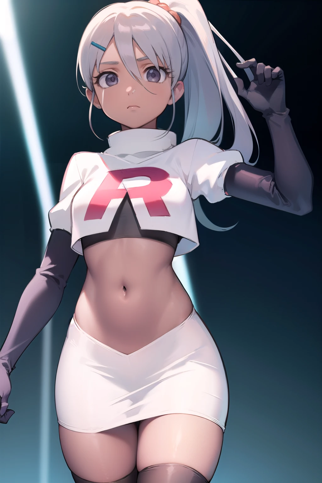 juliemakimoto, julie makimoto, long hair, hair ornament, ponytail, white hair, hairclip, dark skin, dark-skinned female, (grey eyes:1.5),
BREAK navel, jewelry, team rocket,team rocket uniform, red letter R, white skirt,white crop top,black thigh-highs,black elbow gloves
BREAK looking at viewer, (cowboy shot:1.5),
BREAK (masterpiece:1.2), best quality, high resolution, unity 8k wallpaper, (illustration:0.8), (beautiful detailed eyes:1.6), extremely detailed face, perfect lighting, extremely detailed CG, (perfect hands, perfect anatomy),