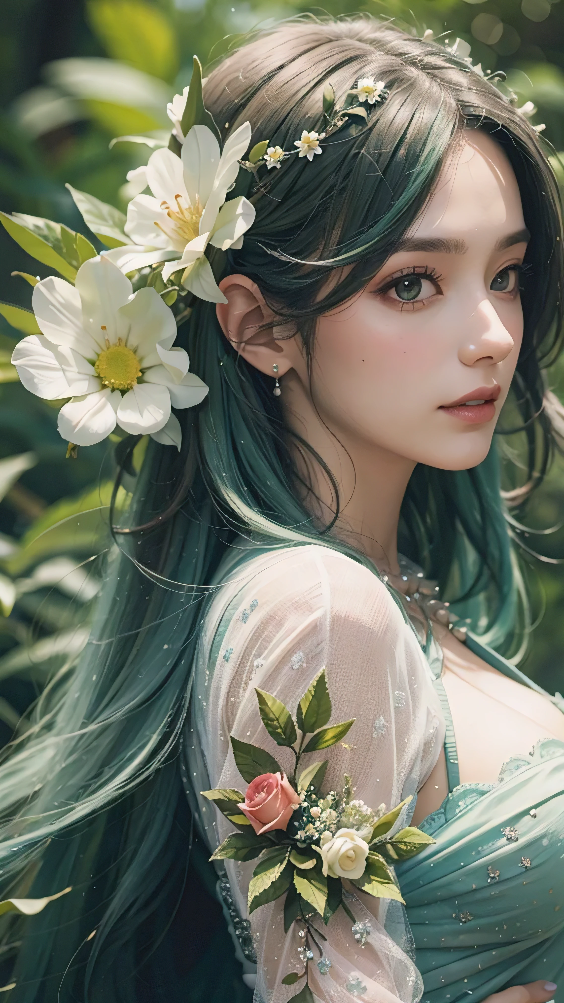 a green hair、woman with flowers in hair, Stunning fairy rendering, Beautiful fantasy art portrait, Beautiful fantasy portrait, beautiful elegant dryad, Very beautiful and wonderful art,broken to pieces,best quality, (original photo: 1.2), (masterpiece: 1.4), (actual: 1.4), (High resolution: 1.4), depth of field, intricate details, 8K, Very detailed, perfect lighting, epic background