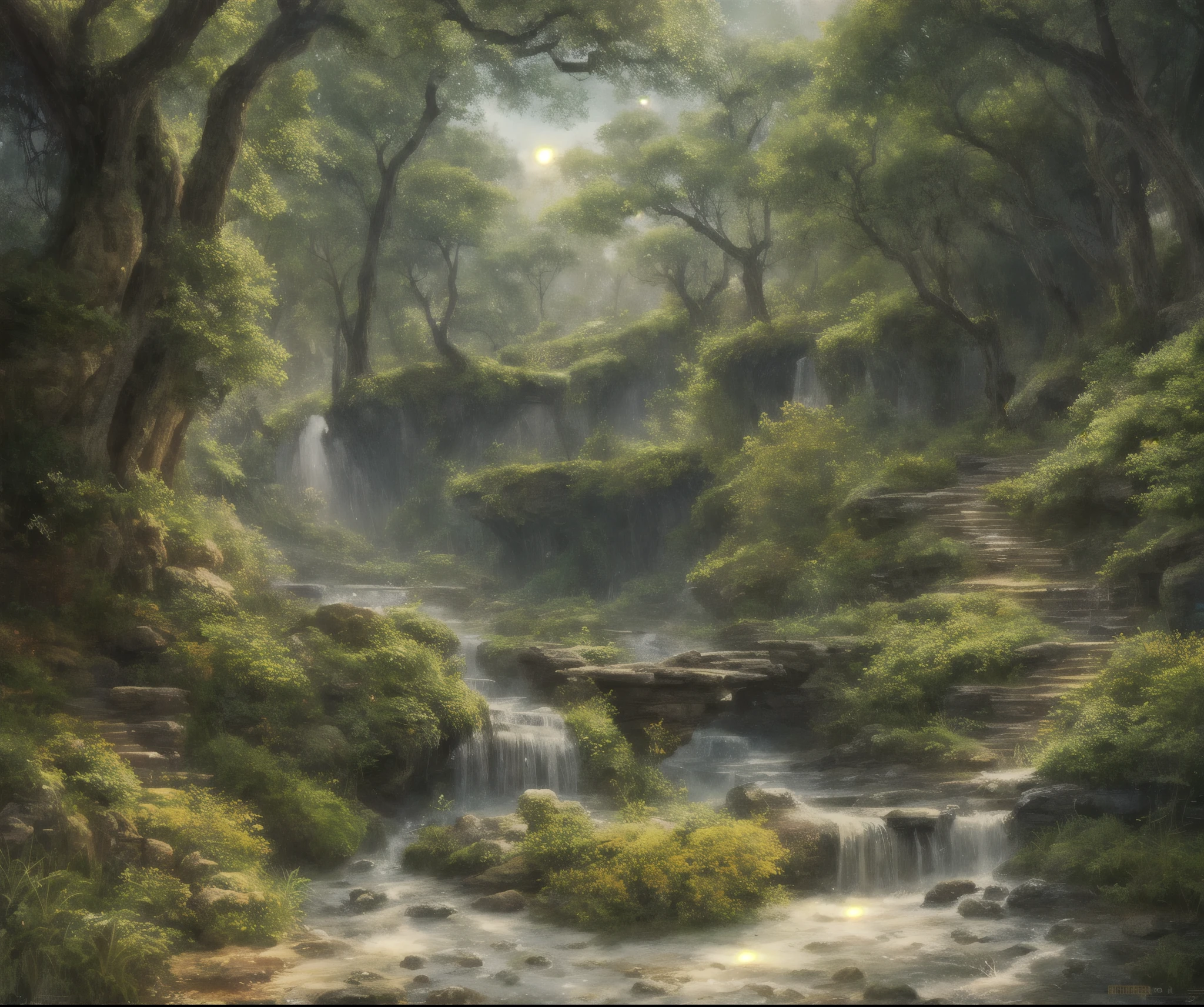 masterpiece, best quality, high quality,Very detailed CG unity 8k wallpaper, Charming dreamy scene of dreamy forest, There are towering trees, Cave and hidden fairy canyon, Create a sense of mystery and enchantment, art station, complex, trend, Award-winning photography, Bokeh, depth of field, high dynamic range, bloom, Color difference ,lifelike,Very detailed, trend on art station, trend on CGsociety, complex, high detail, dramatic, midway art