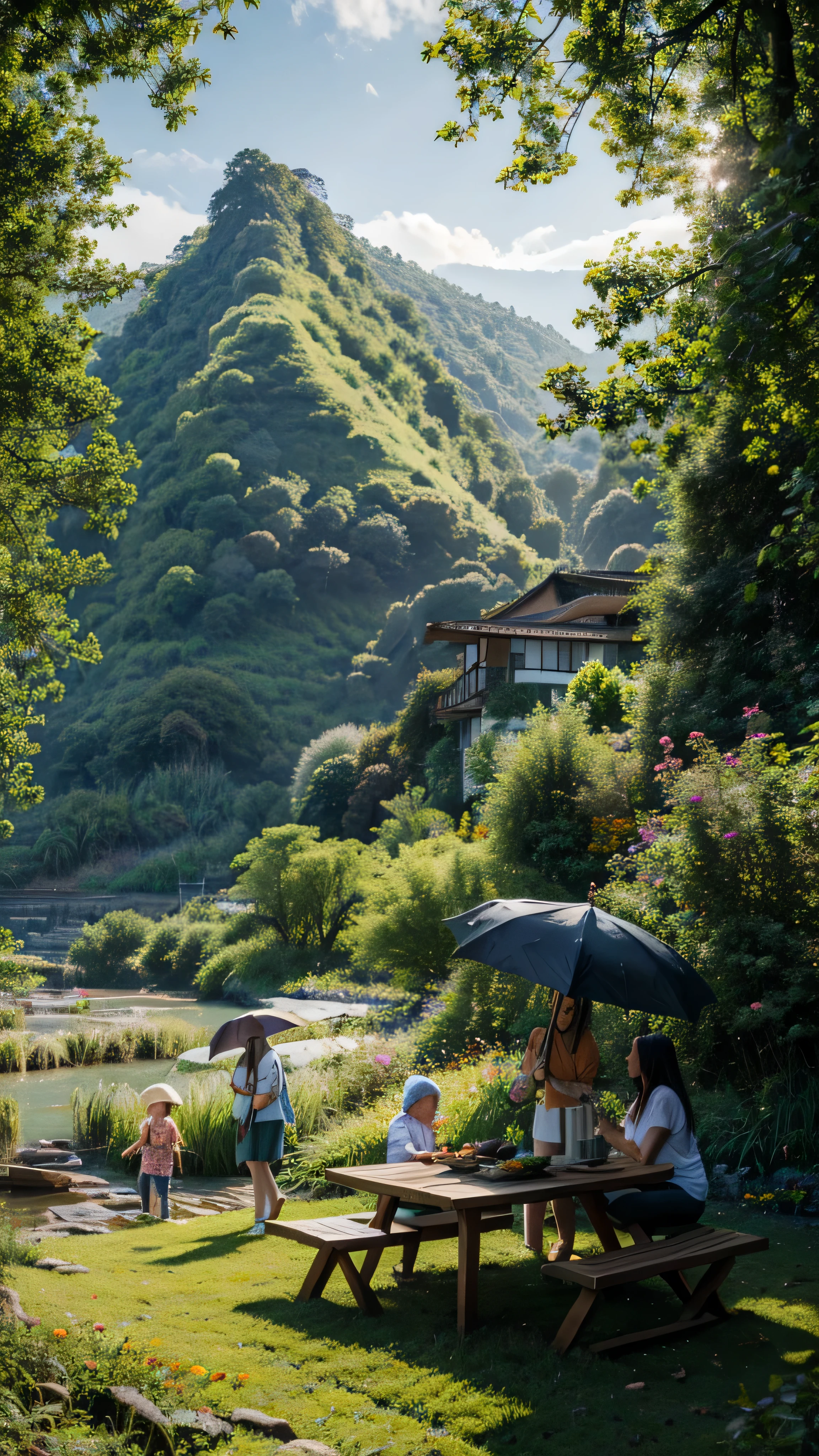 family,outing,rain,wet,Green mountains and green waters,youth league,umbrella,green,swallow,willow,picnic,木质picnic桌,Focus visual magnification on the table,a plate of oranges,food closeup,blue sky,Baiyun,Just the right amount of plants,Surrealism,character nature