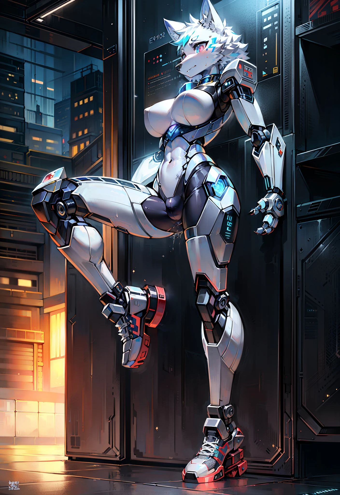 ((alone)),((hairy)),((e621)),((hairy robotic wolf)),((狼robot女孩)))，made of metal，（cyborgs：1.1），（[end|Line of detail]：1.3），（intricate details），high dynamic range，（intricate details，Ultra-detailed：1.2），lens，masterpiece，best quality，high resolution，Foreign body invasion，In the center,robot脚，((Mechanical sneakers))， robot，Tight underwear，(robot关节)，(robot)，很酷的robot脚,Mechanical legs,(robot鞋类)，((robot鞋)) ,(((robot乳房))),(((robot乳头))),(((systemic suggestion)))