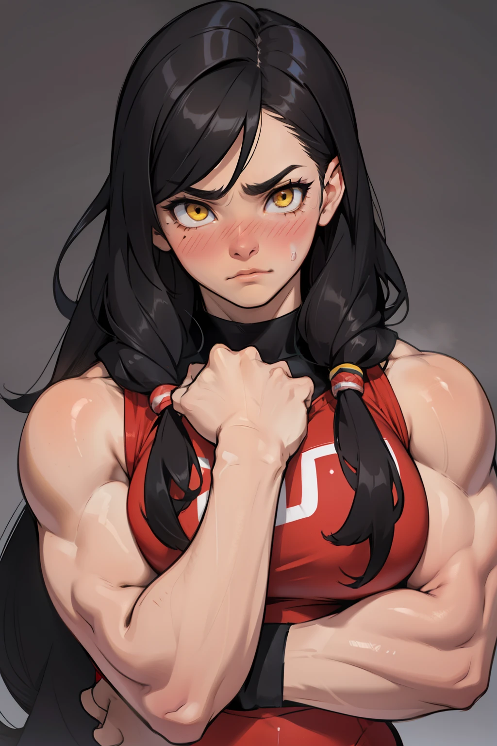 sad frown blush ((((1girl)))) (((bodybuilder))) pale skin black hair very long hair yellow eyes