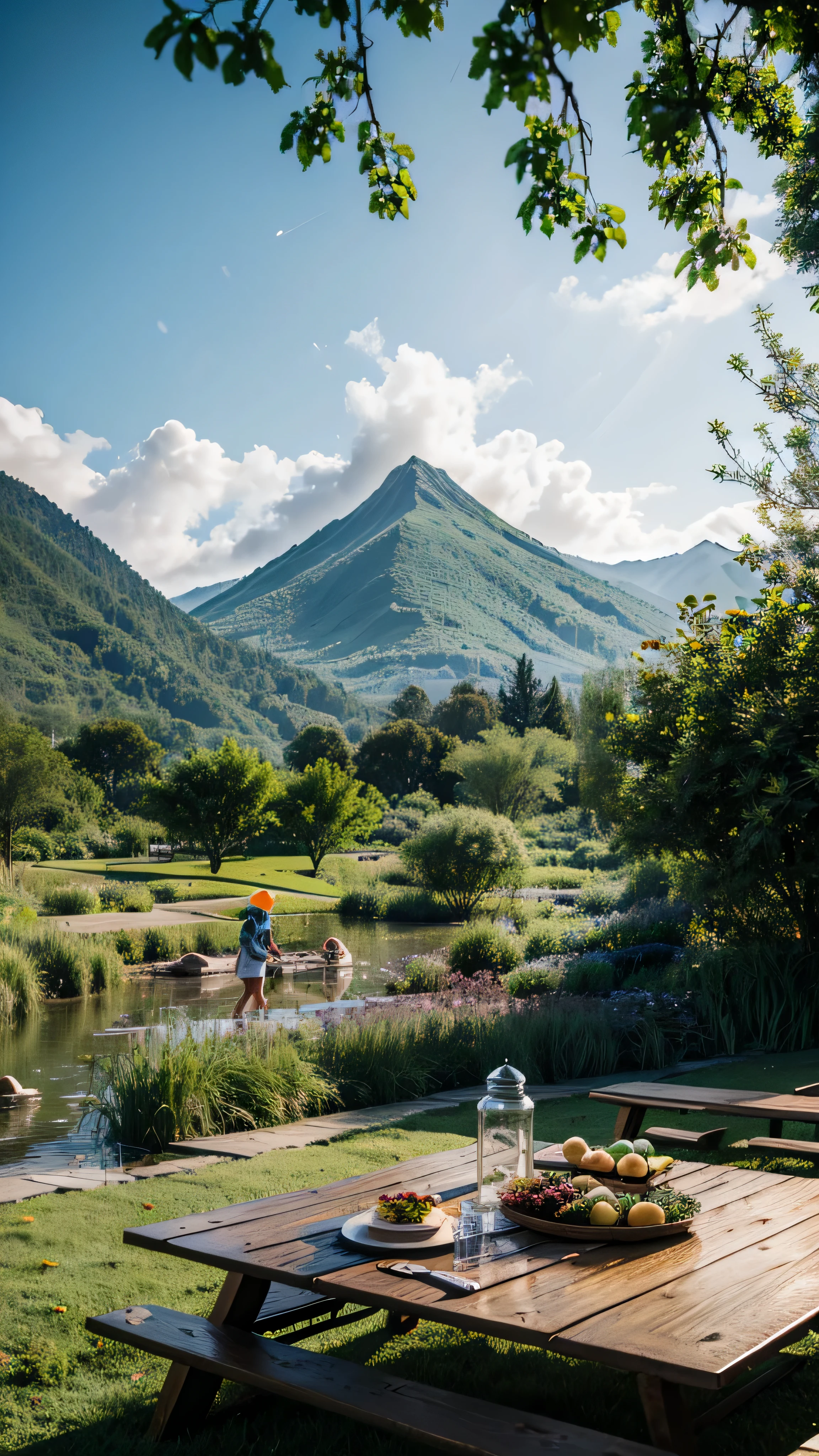 family，outing，rain，wet，Green mountains and green waters，youth league，umbrella，green，swallow，willow，picnic，木质picnic桌，Focus visual magnification on the table，a plate of oranges，food closeup，blue sky，Baiyun，Just the right amount of plants，Surrealism，character nature