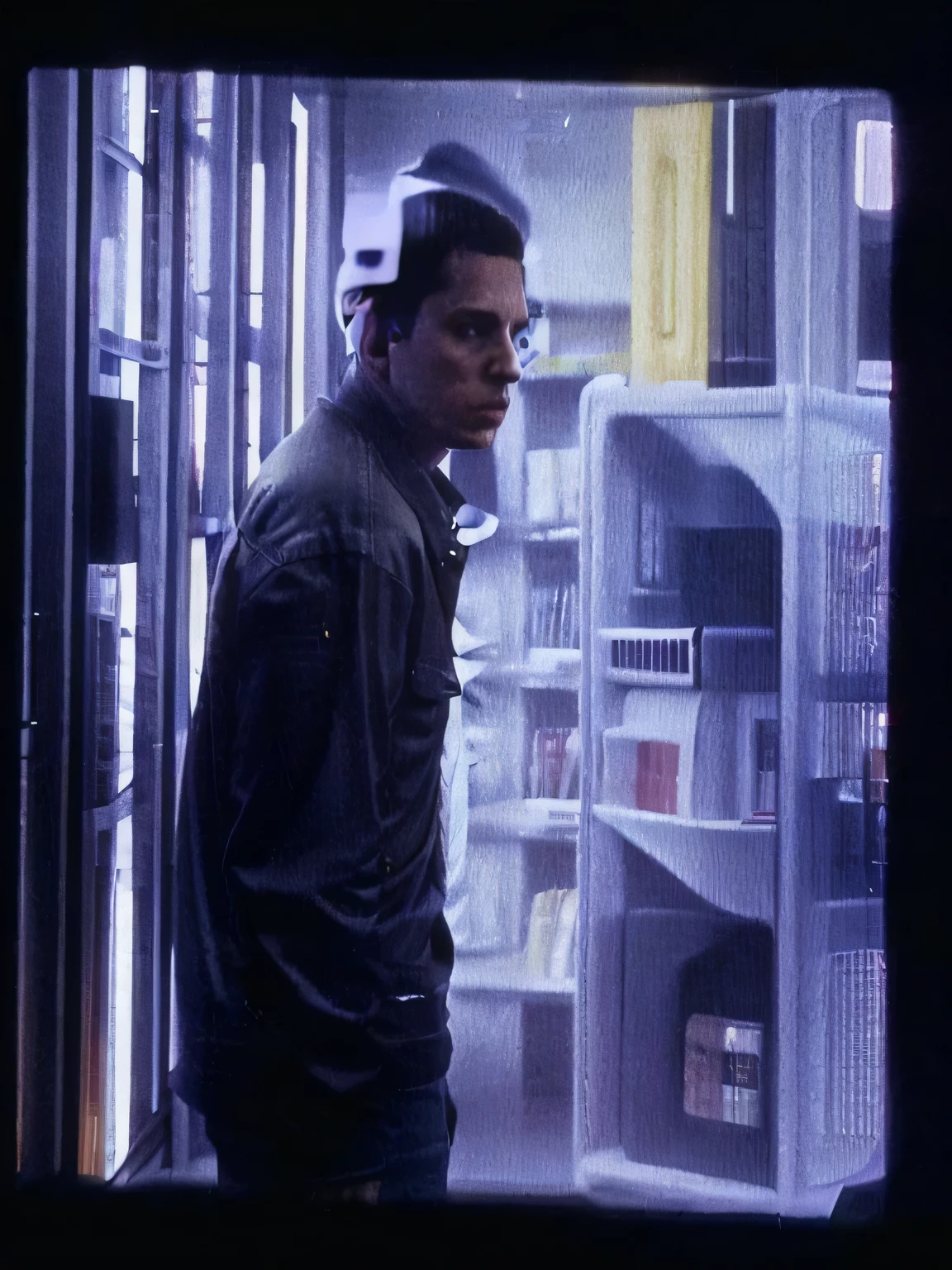 A man stands in front of a refrigerator in a store, Jerma in einem liminalen Raum, hyperrealer Film gedreht, Film-Screenshot, Standbild aus dem Film 8 Meile, Stil des Blade-Runners, High-resolution screenshot, Chungking Express Farbpalette, in Blade Runner City, eminem as a m & I am a candy, sehr realistisches Filmstill