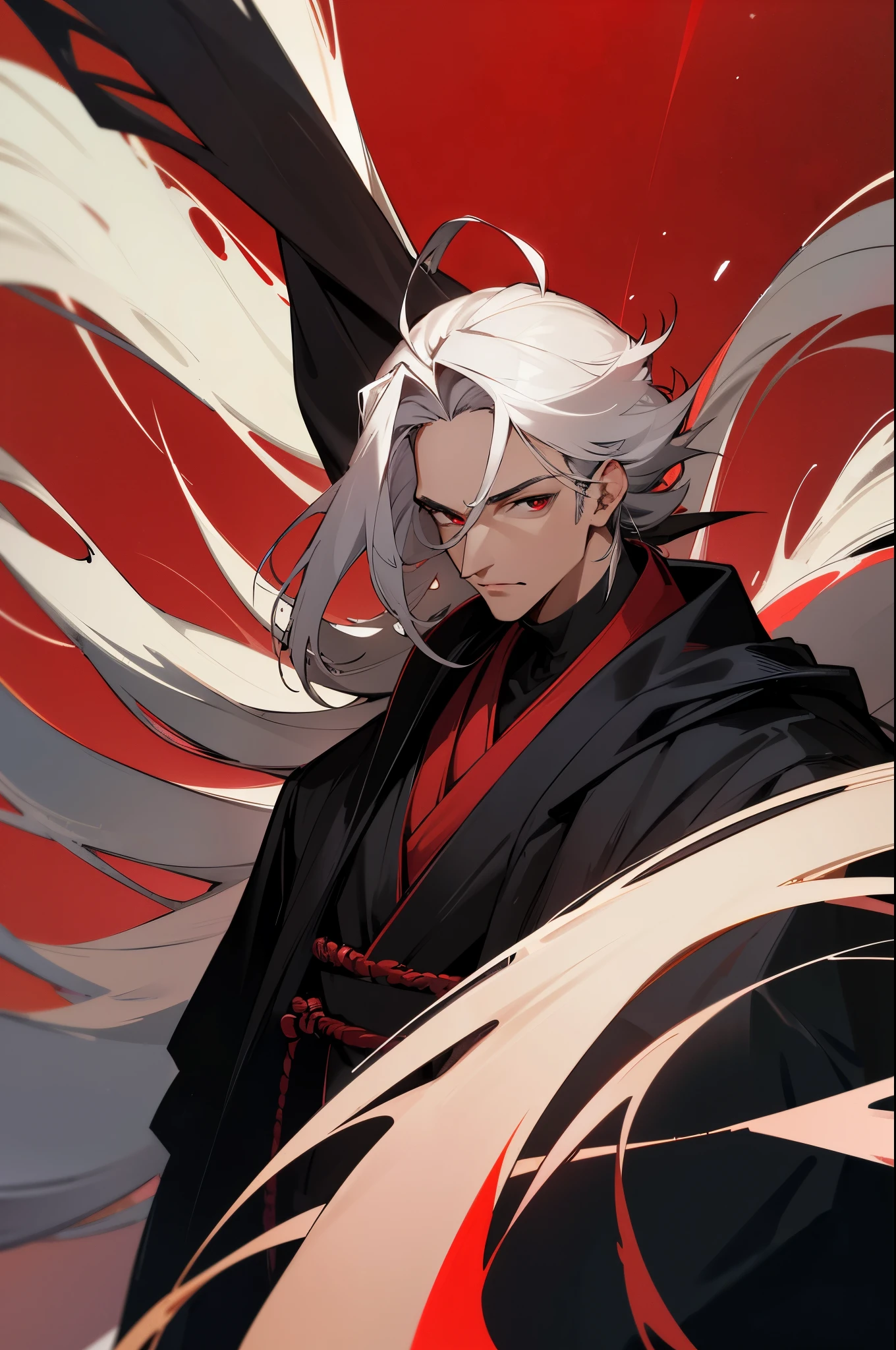 1mature man,cabelos preto e longos,red color eyes,Black sage robe