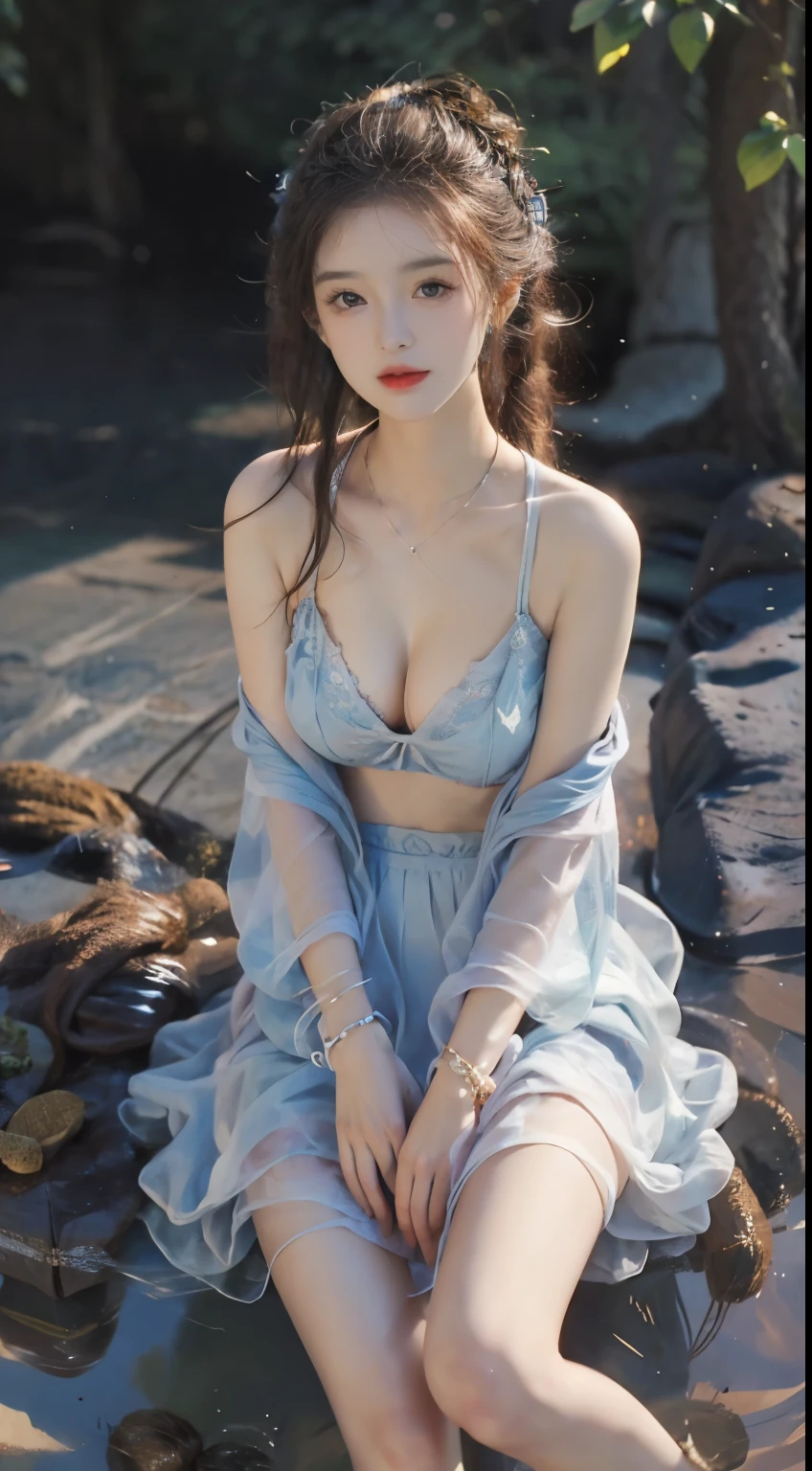 (masterpiece, best quality:1.2), 1girl, solo, ((bare shoulders)), (actual:1.37), ((lying on a beach)), ((Bird's eye view shot)), Sweet maiden, beautiful妆容, Exquisite makeup, Extremely beautiful eyes, long hair, curls, slim body, ((big breasts, Big breasts, cleavage)), Sexy slender legs, The skirt is short, Leaking sexy legs, elegant posture, best quality, correct, correct的手, correct的腿, 解剖学correct, official art, complex, detail的脸, detail, lifelike, Very detailed, amazing, beautiful, Young and energetic, Charming model, Meticulous CG Uniform 8k wallpaper