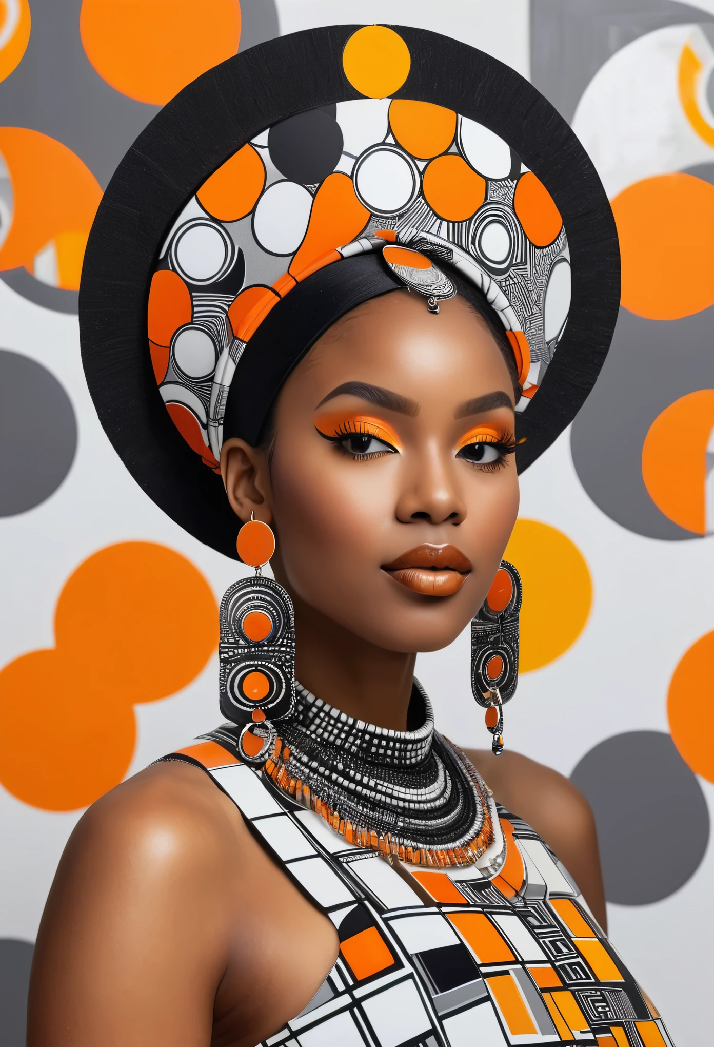 a black woman with a rubix cube and a crescent headdress and a grey and white abstract background with orange circles, african designed earrings