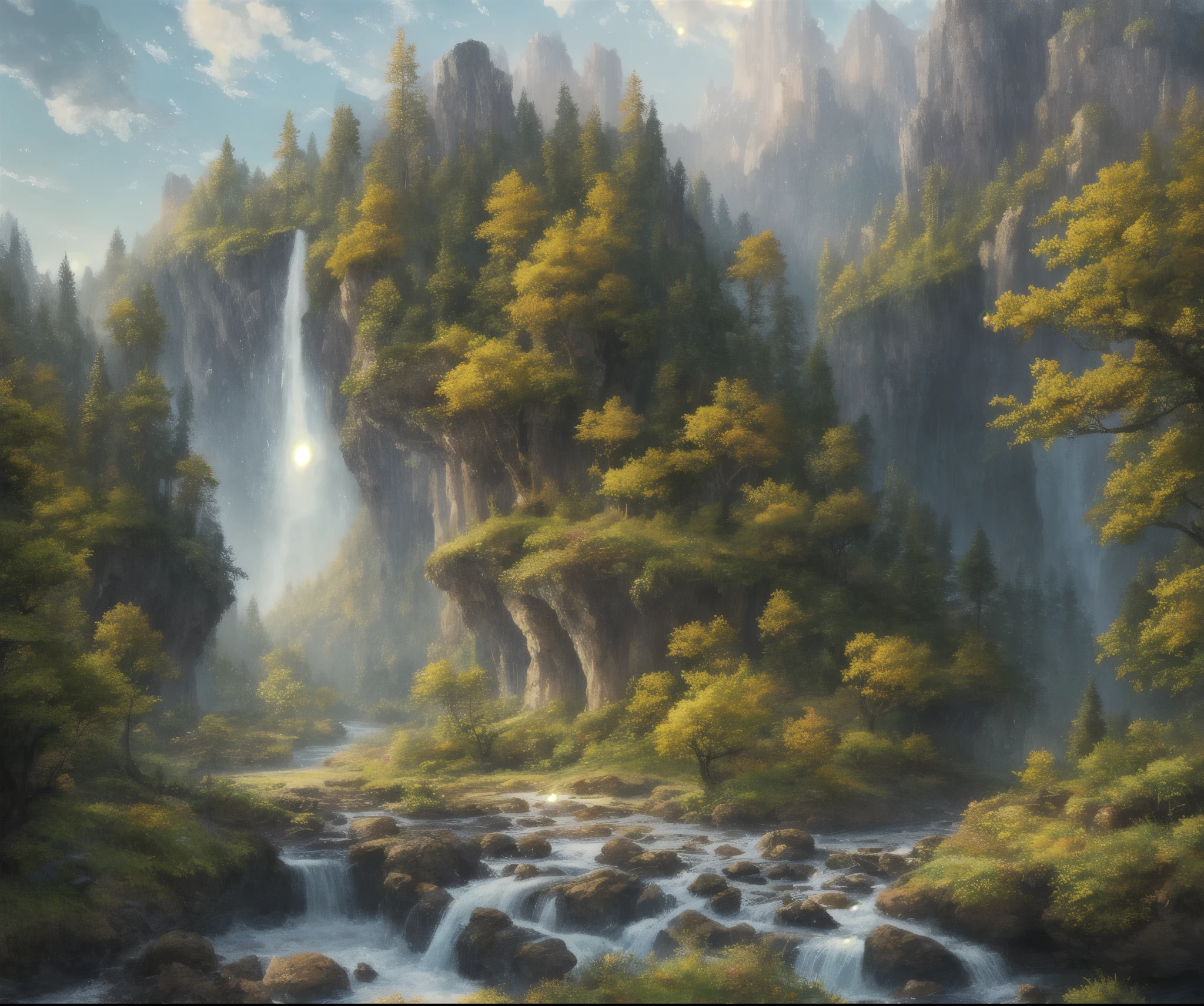 masterpiece, best quality, high quality,Very detailed CG unity 8k wallpaper, Charming dreamy scene of dreamy forest, There are towering trees, Cave and hidden fairy canyon, Create a sense of mystery and enchantment, art station, complex, trend, Award-winning photography, Bokeh, depth of field, high dynamic range, bloom, Color difference ,lifelike,Very detailed, trend on art station, trend on CGsociety, complex, high detail, dramatic, midway art