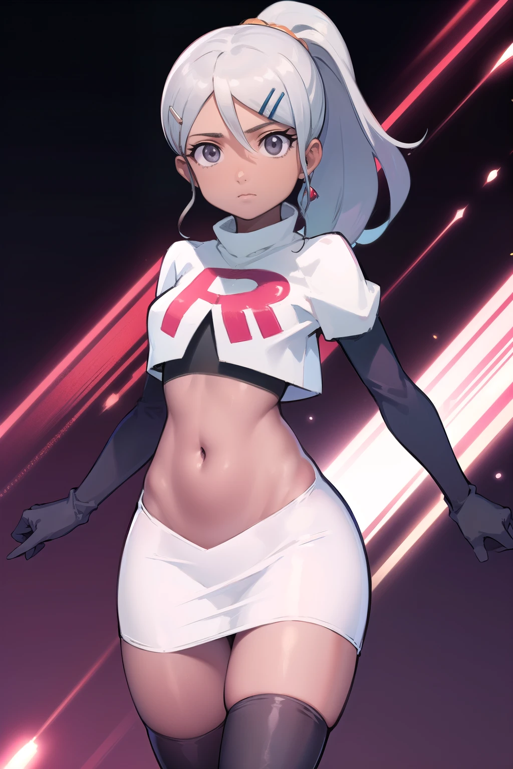 juliemakimoto, julie makimoto, long hair, hair ornament, ponytail, white hair, hairclip, dark skin, dark-skinned female, (grey eyes:1.5),
BREAK navel, jewelry, team rocket,team rocket uniform, red letter R, white skirt,white crop top,black thigh-highs,black elbow gloves
BREAK looking at viewer, (cowboy shot:1.5),
BREAK (masterpiece:1.2), best quality, high resolution, unity 8k wallpaper, (illustration:0.8), (beautiful detailed eyes:1.6), extremely detailed face, perfect lighting, extremely detailed CG, (perfect hands, perfect anatomy),