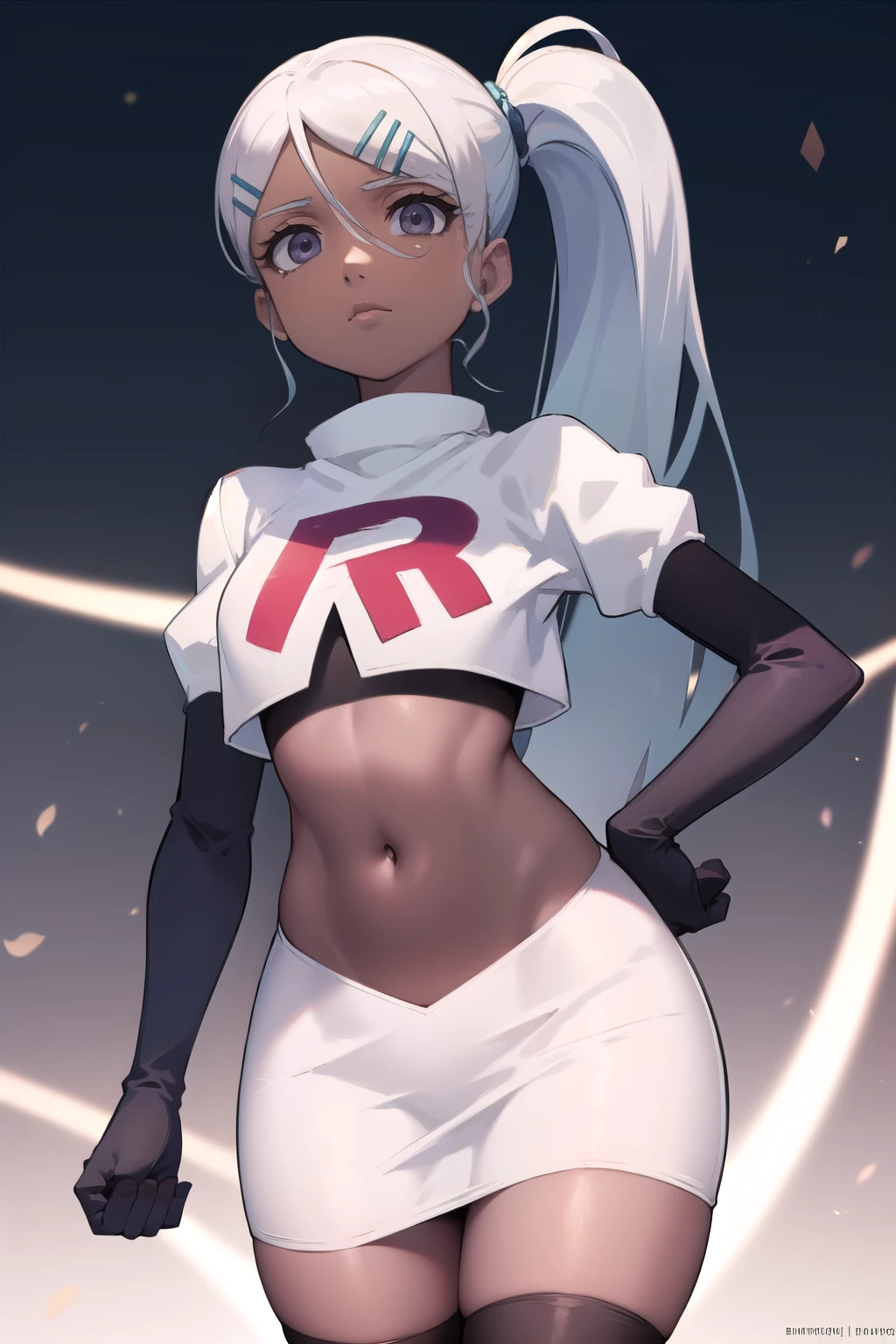 juliemakimoto, julie makimoto, long hair, hair ornament, ponytail, white hair, hairclip, dark skin, dark-skinned female, (grey eyes:1.5),
BREAK navel, jewelry, team rocket,team rocket uniform, red letter R, white skirt,white crop top,black thigh-highs,black elbow gloves
BREAK looking at viewer, (cowboy shot:1.5),
BREAK (masterpiece:1.2), best quality, high resolution, unity 8k wallpaper, (illustration:0.8), (beautiful detailed eyes:1.6), extremely detailed face, perfect lighting, extremely detailed CG, (perfect hands, perfect anatomy),