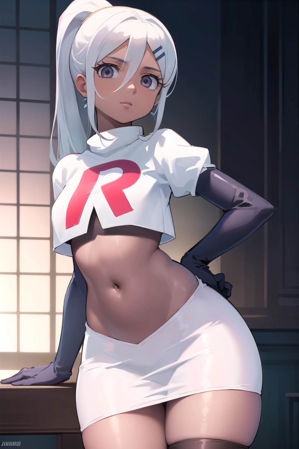 juliemakimoto, julie makimoto, long hair, hair ornament, ponytail, white hair, hairclip, dark skin, dark-skinned female, (grey eyes:1.5),
BREAK navel, jewelry, team rocket,team rocket uniform, red letter R, white skirt,white crop top,black thigh-highs,black elbow gloves
BREAK looking at viewer, (cowboy shot:1.5),
BREAK (masterpiece:1.2), best quality, high resolution, unity 8k wallpaper, (illustration:0.8), (beautiful detailed eyes:1.6), extremely detailed face, perfect lighting, extremely detailed CG, (perfect hands, perfect anatomy),