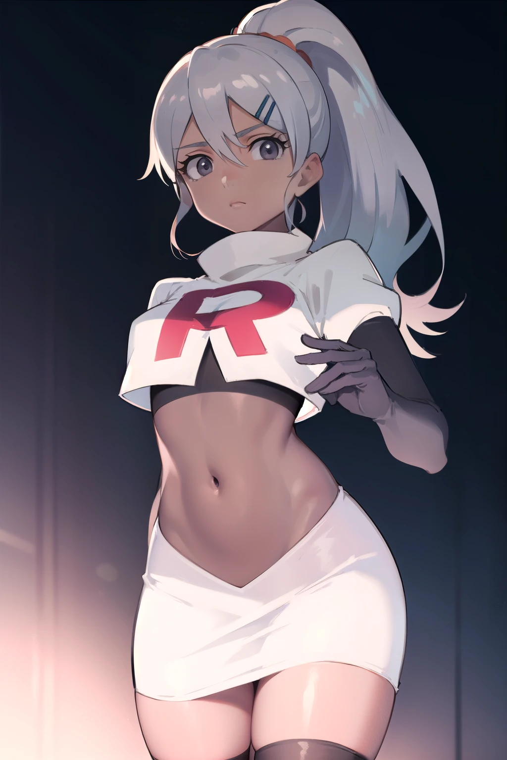 juliemakimoto, julie makimoto, long hair, hair ornament, ponytail, white hair, hairclip, dark skin, dark-skinned female, (grey eyes:1.5),
BREAK navel, jewelry, team rocket,team rocket uniform, red letter R, white skirt,white crop top,black thigh-highs,black elbow gloves
BREAK looking at viewer, (cowboy shot:1.5),
BREAK (masterpiece:1.2), best quality, high resolution, unity 8k wallpaper, (illustration:0.8), (beautiful detailed eyes:1.6), extremely detailed face, perfect lighting, extremely detailed CG, (perfect hands, perfect anatomy),