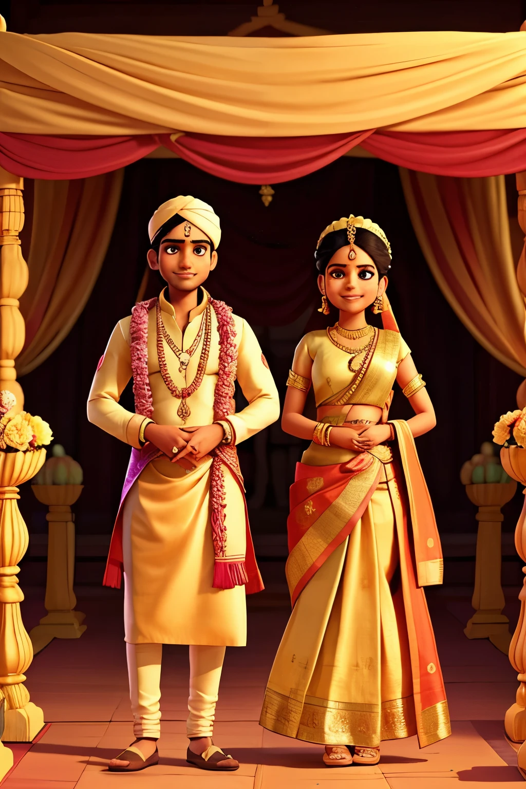 A vibrantly dressed Tamil wedding couple, the bride in a Kanjeevaram saree woven with gold threads and adorned with temple jewelry, the groom in a silk veshti with an angavastram draped over his shoulder and a folded turban. They stand under a colorfully decorated mandap with mango leaves and marigold garlands. A professional photographer captures their joyful expressions as they exchange garlands during the maangalya dharana ceremony.