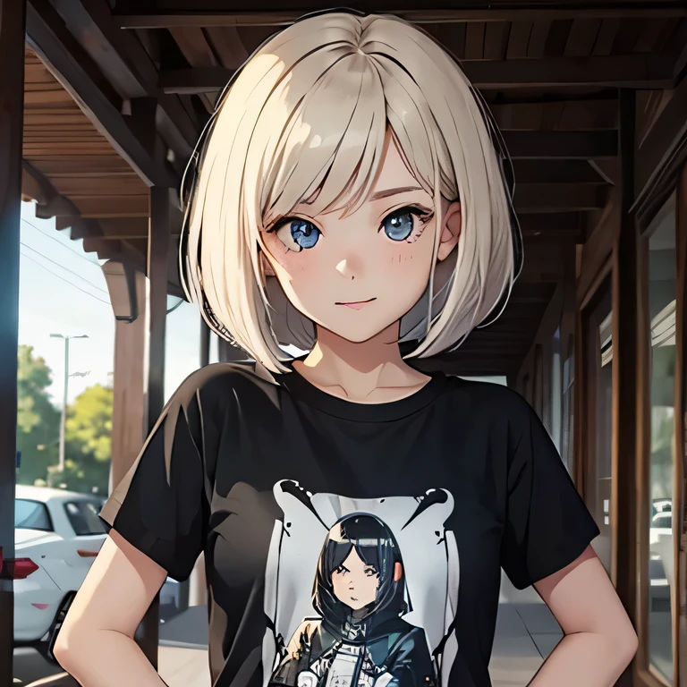 super high quality, grin, cartoonist, 1 girl, T-shirt, bob cut,