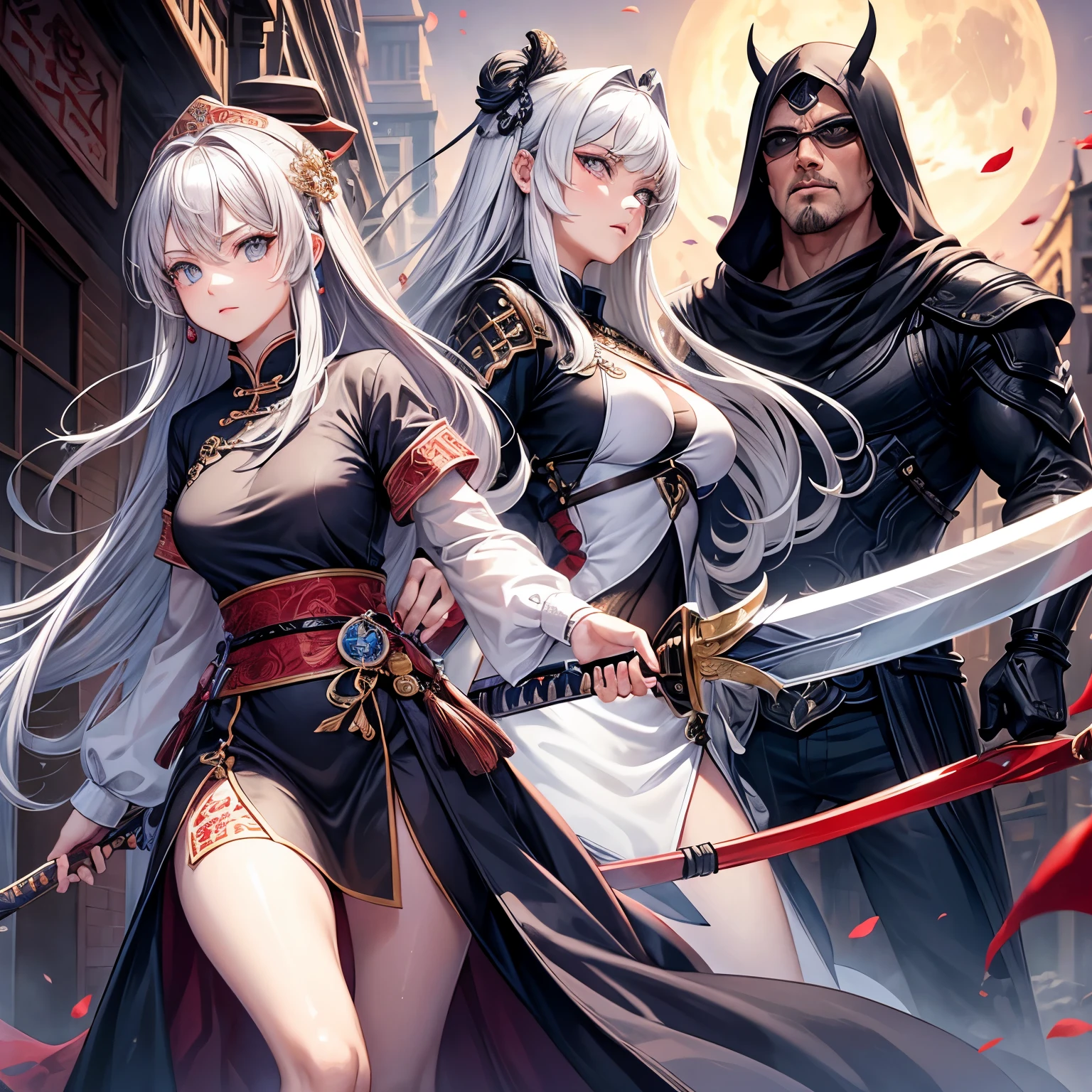 masterpiece, the best, night, full moon, 1 female, mature woman, Chinese style, China, Sister, Royal sister, cold face, Poker face, woman with long silver hair, light pink lips, calm, intellectuals, Three bangs, gray pupil, assassin, long sword, swordsman, struggle, street view, facial details,