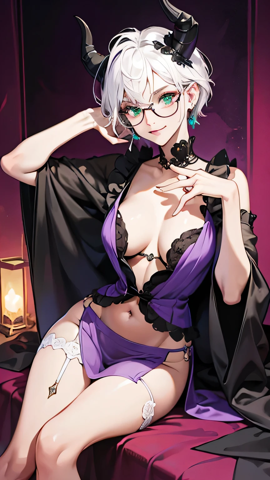 8k, masterpiece, best quality, highly detailed, 1girl, tiefling, warlock, multicolored hair, white hair, short hair, strippled hair, round glasses, earrings, mole, glowing green eyes, sexy, pink and blue robe, miniskirt, garter belt, high heels, navel piercing, white shirt, two horns at forehead, holding staff, villainous, smirk, flirtatious pose, pet raven, spider, close up view, dress decorate with rose, sitting on the throne, rings, looking at viewer, hand touching chin.