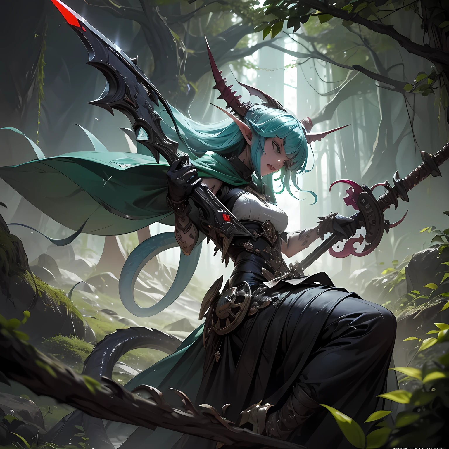 Dragon-Elf Automaton Dryads, mecanismos sombrios, magical herbology, carvalho camuflado, uma Arma Mangual Aberrante repousa, A nightmare creation ready for action. This mangrove weapon is a grotesque monstrosity, with twisted tentacles that form the extension of the weapon. Each tentacle ends in an eyelid with sharp, dentes presas, projecting like lethal blades. The body of the weapon is adorned with manic eyes that are filled with stitched human arms and tentacles that writhe like serpents. Apesar de estar acorrentada, the Aberrant Mangual Weapon displays an expression of madness and extreme insanity, as if it were a living extension of the chaos that inhabits the dungeon. Seus olhos brilham com uma intensidade perturbadora. The surrounding environment is threatening, with damp stone walls and a silence that seems oppressive. Flail&#39;s Aberrant Weapon is a cursed relic, A weapon that defies all notions of sanity and can unleash destruction at any time.