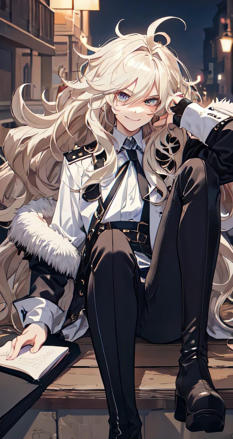 masterpiece, (((highest quality)))), ((super detailed)), ((illustration)),
((Docks)), thigh high boots, stylish boots,
1boy, ((male)), blonde_hair, long_hair, ((wavy hair)), (((messy_hair))), ((fluffy hair)),, gray_eyes, narrow_eyes, ((eyebags)), (blue coat), (dark undershirt), dark ((pants)), parted bangs, (flirty), ((smirk)), confident, (handsome), androgynous face, bard, fancy, shirt, emotion