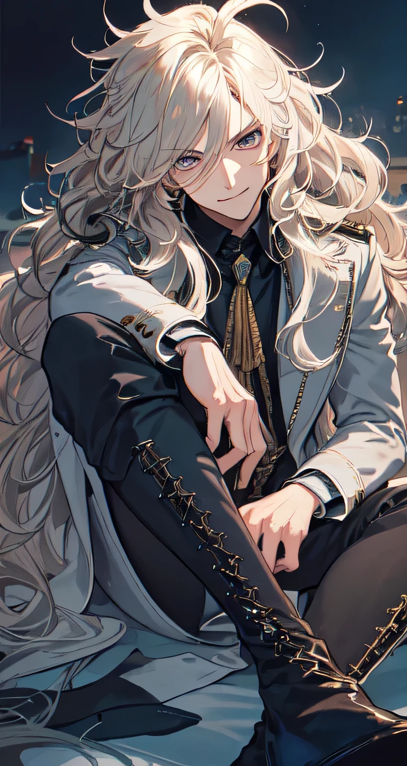 masterpiece, (((highest quality)))), ((super detailed)), ((illustration)),
((Docks)), thigh high boots, stylish boots,
1boy, ((male)), blonde_hair, long_hair, ((wavy hair)), (((messy_hair))), ((fluffy hair)),, gray_eyes, narrow_eyes, ((eyebags)), (blue coat), (dark undershirt), dark ((pants)), parted bangs, (flirty), ((smirk)), confident, (handsome), androgynous face, bard, fancy, shirt, emotion