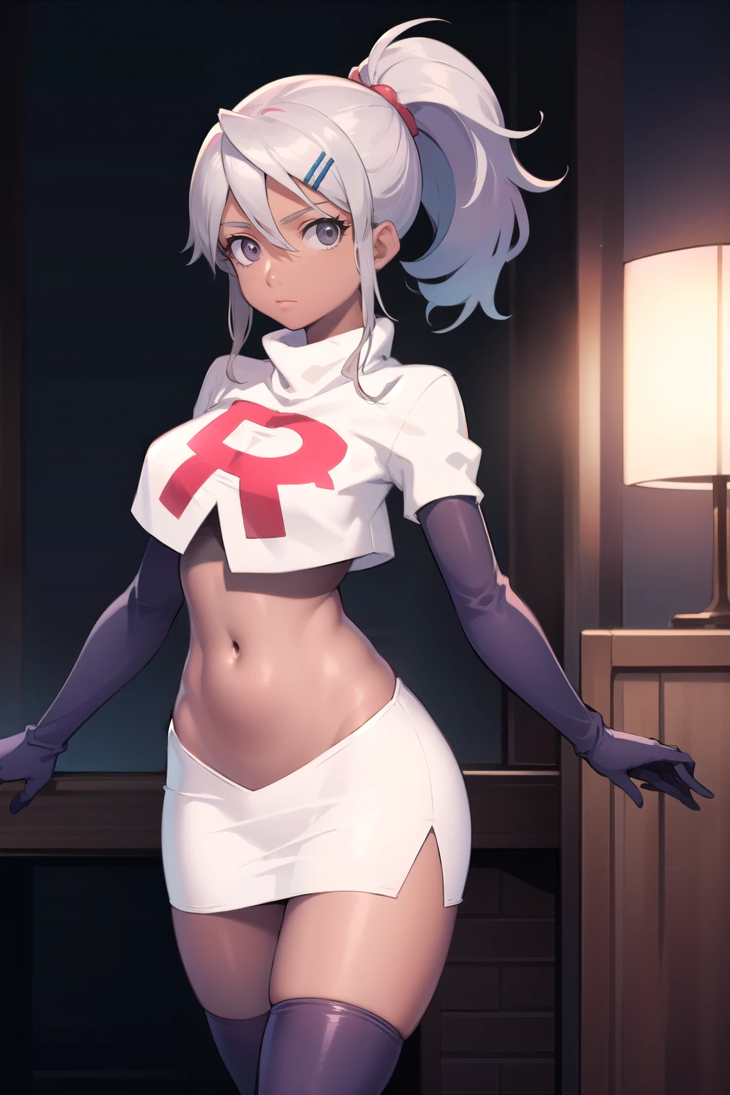 juliemakimoto, julie makimoto, long hair, hair ornament, ponytail, white hair, hairclip, dark skin, dark-skinned female, (grey eyes:1.5),
BREAK navel, jewelry, team rocket,team rocket uniform, red letter R, white skirt,white crop top,black thigh-highs,black elbow gloves
BREAK looking at viewer, (cowboy shot:1.5),
BREAK (masterpiece:1.2), best quality, high resolution, unity 8k wallpaper, (illustration:0.8), (beautiful detailed eyes:1.6), extremely detailed face, perfect lighting, extremely detailed CG, (perfect hands, perfect anatomy),