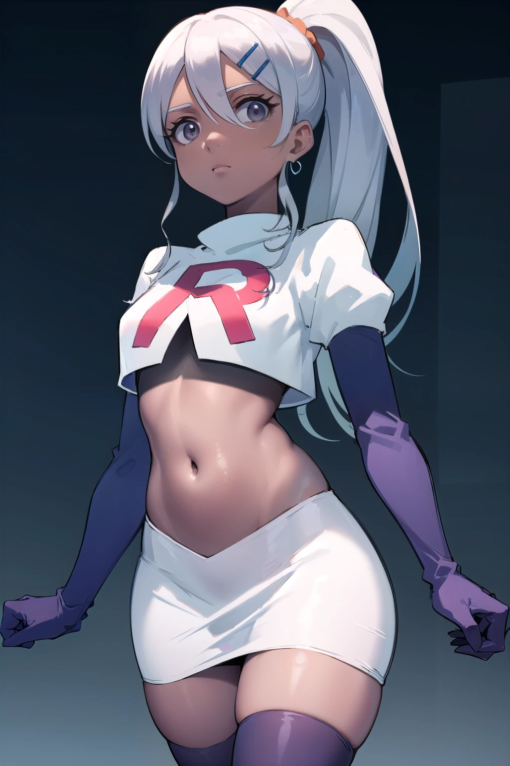 juliemakimoto, julie makimoto, long hair, hair ornament, ponytail, white hair, hairclip, dark skin, dark-skinned female, (grey eyes:1.5),
BREAK navel, jewelry, team rocket,team rocket uniform, red letter R, white skirt,white crop top,black thigh-highs,black elbow gloves
BREAK looking at viewer, (cowboy shot:1.5),
BREAK (masterpiece:1.2), best quality, high resolution, unity 8k wallpaper, (illustration:0.8), (beautiful detailed eyes:1.6), extremely detailed face, perfect lighting, extremely detailed CG, (perfect hands, perfect anatomy),