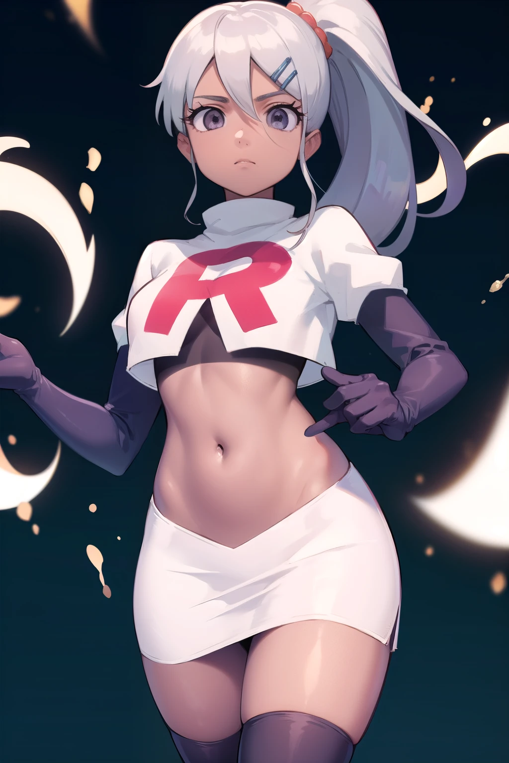 juliemakimoto, julie makimoto, long hair, hair ornament, ponytail, white hair, hairclip, dark skin, dark-skinned female, (grey eyes:1.5),
BREAK navel, jewelry, team rocket,team rocket uniform, red letter R, white skirt,white crop top,black thigh-highs,black elbow gloves
BREAK looking at viewer, (cowboy shot:1.5),
BREAK (masterpiece:1.2), best quality, high resolution, unity 8k wallpaper, (illustration:0.8), (beautiful detailed eyes:1.6), extremely detailed face, perfect lighting, extremely detailed CG, (perfect hands, perfect anatomy),