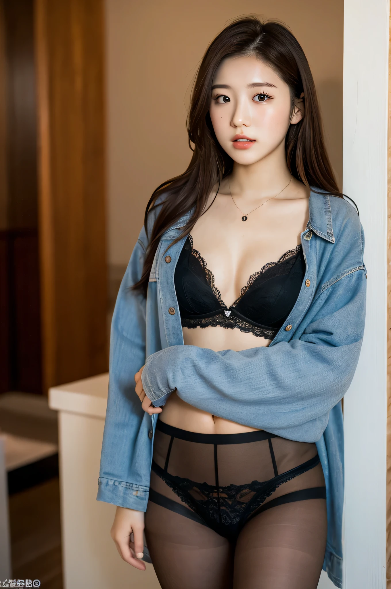 8K, Raw photo, high quality, realistic, Natural light, real face, 18 year old female, brown hair, long hair, brown eyes, small head, perfect chest shape, real skin, rough skin, black pantyhose, tease, lure