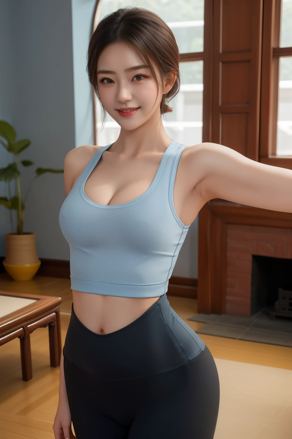 masterpiece, best quality, lifelike,
1 girl, yujiasuit, (yoga vest:1.2), tight yoga pants,20-year-old girl,alone, pose,Scene details, medium chest,cleavage,(Short light blue shoulder-length hair), Smile,Perfect curvy figure, black eyes, whole body,Chinese style living room
