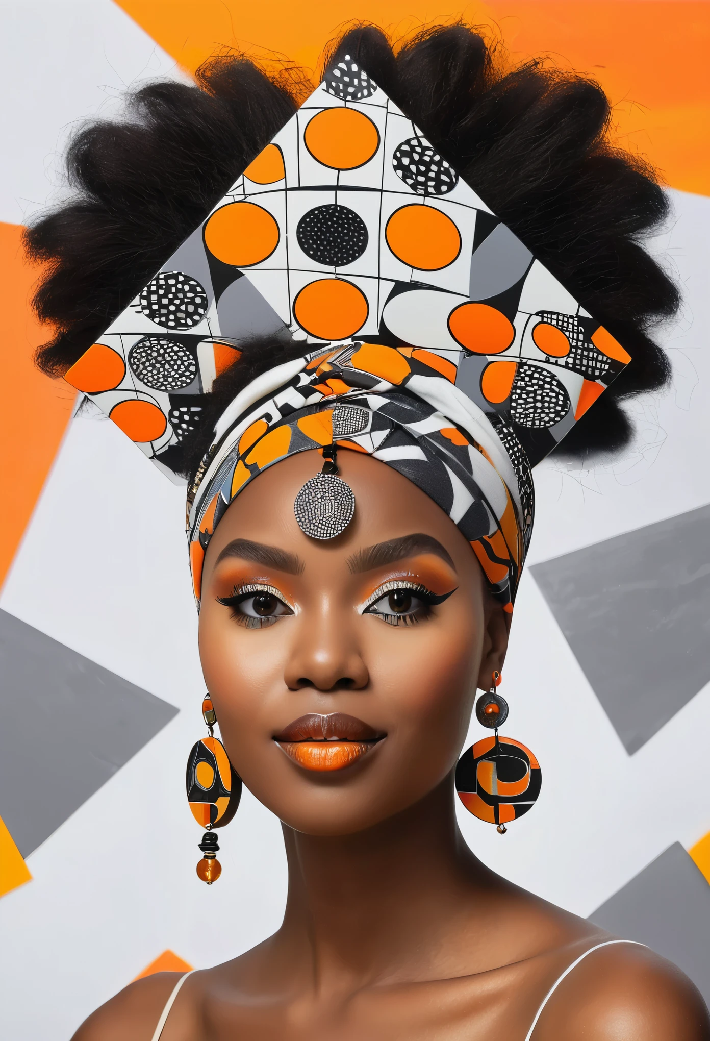 a black woman with a rubix cube and a crescent headdress and a grey and white abstract background with orange circles, african designed earrings