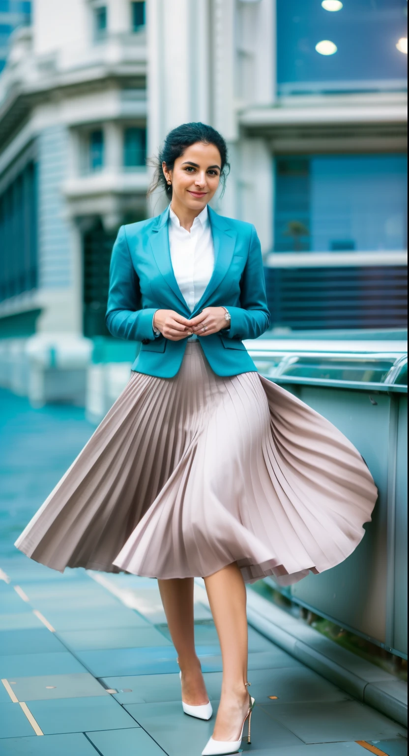 muito (shy smiling:1,1) good woman wearing a short blazer com a muito muito detailed (longo (totalmente plissado) full circle skirt) e (simples) low heeled office shoes, muito muito intricate hyper-detailed symmetric (attractive graceful young Feminino face) com (triste, tired eyes e a shy smile), Seios grandes, full of empathy e compassion e love, (pronunciado (Feminino) Characteristics), (altamente detalhado ultra preciso realista) hes e fingers, (windy conditions e wind blowing), epic composition, atributos altamente detalhados, atmosfera altamente detalhada, (35mmf1.4 fotografia Kodak portra 400), extremely high quality RAW photograph, (deep space station covert operations active),cabelos longos preto, mulher de 38 anos 