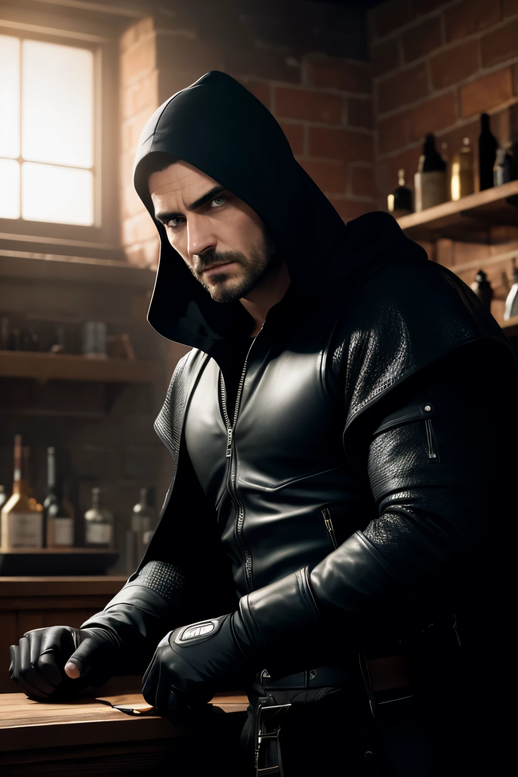 lifelike: A medium shot, close-up image of an ominous figure dressed in black, perched atop a rooftop with a menacing expression, intensely gazing at a toolbox below. His personality is conveyed through every line on his face, making the scene deeply engaging and suspenseful. This hyper-realistic, high-definition image is rendered using Unreal Engine and displays stunning details, textures, and lighting in 16:9 aspect ratio, with a resolution of 2560x1440 (2k). q 2, v 5.2
personality: In this photograph, a close-up of a man's face reveals
