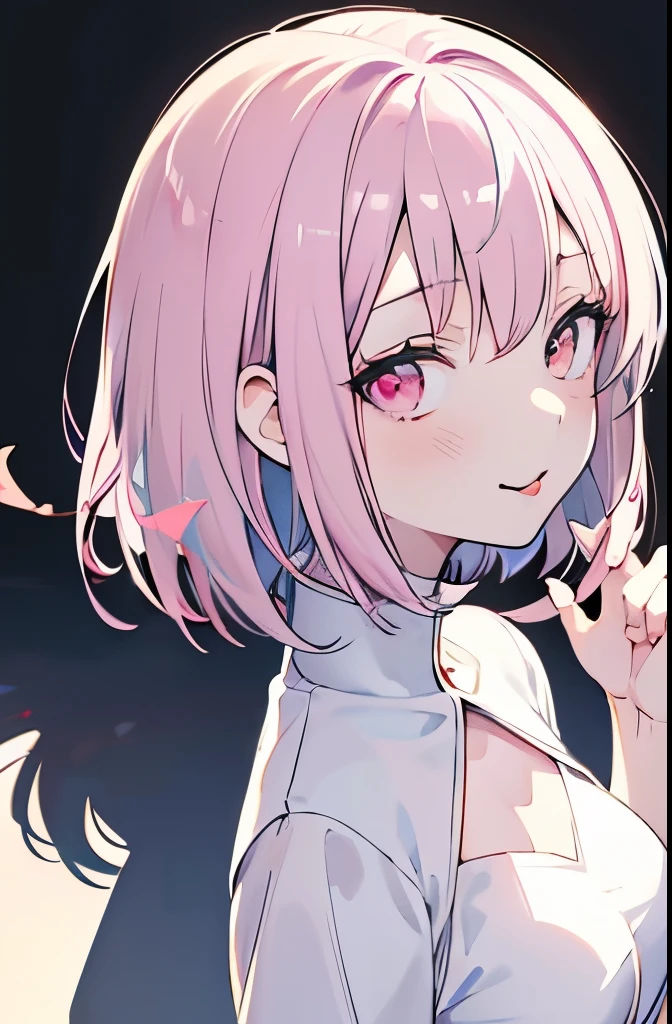 perfect face,flat color,masterpiece,anime style, very delicate and beautiful, super detailed, High resolution,best illustrations, best shadow,Complex,sharp focus, high quality, divine painter, small breasts , sticking out tongue,one beautiful girl, Stinking eyes, pale pink hair, bob cut hair, Fetish fashion, Mine style fashion,
