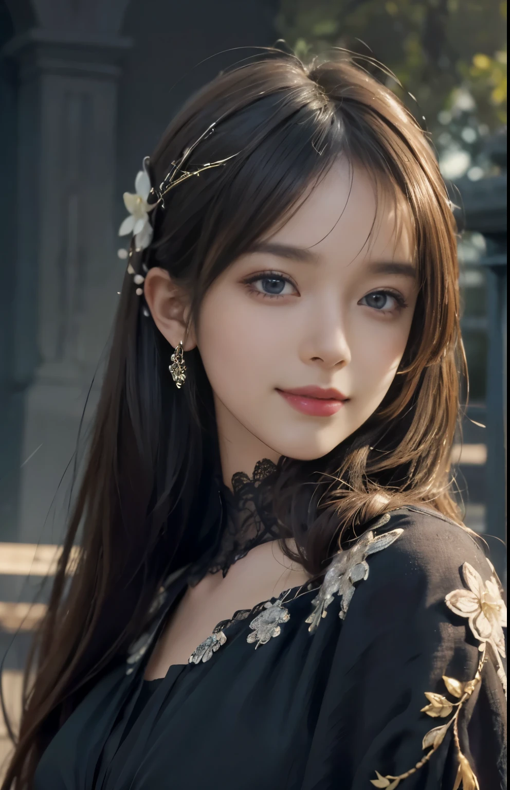 (Ultra Realistic), (Illustration), (Increased Resolution), (8K), (Extremely Detailed), (Best Illustration), (Beautiful and Detailed Eyes), (Best Quality), (Ultra Detailed), (Masterpiece ), ( wallpaper), (detailed face), solo, 1 girl, looking at viewer, fine details, detailed face, in the dark, deep shadows, low key, pureerosfaceace_v1, smiling, long straight hair, black shawl, 46 points oblique bangs