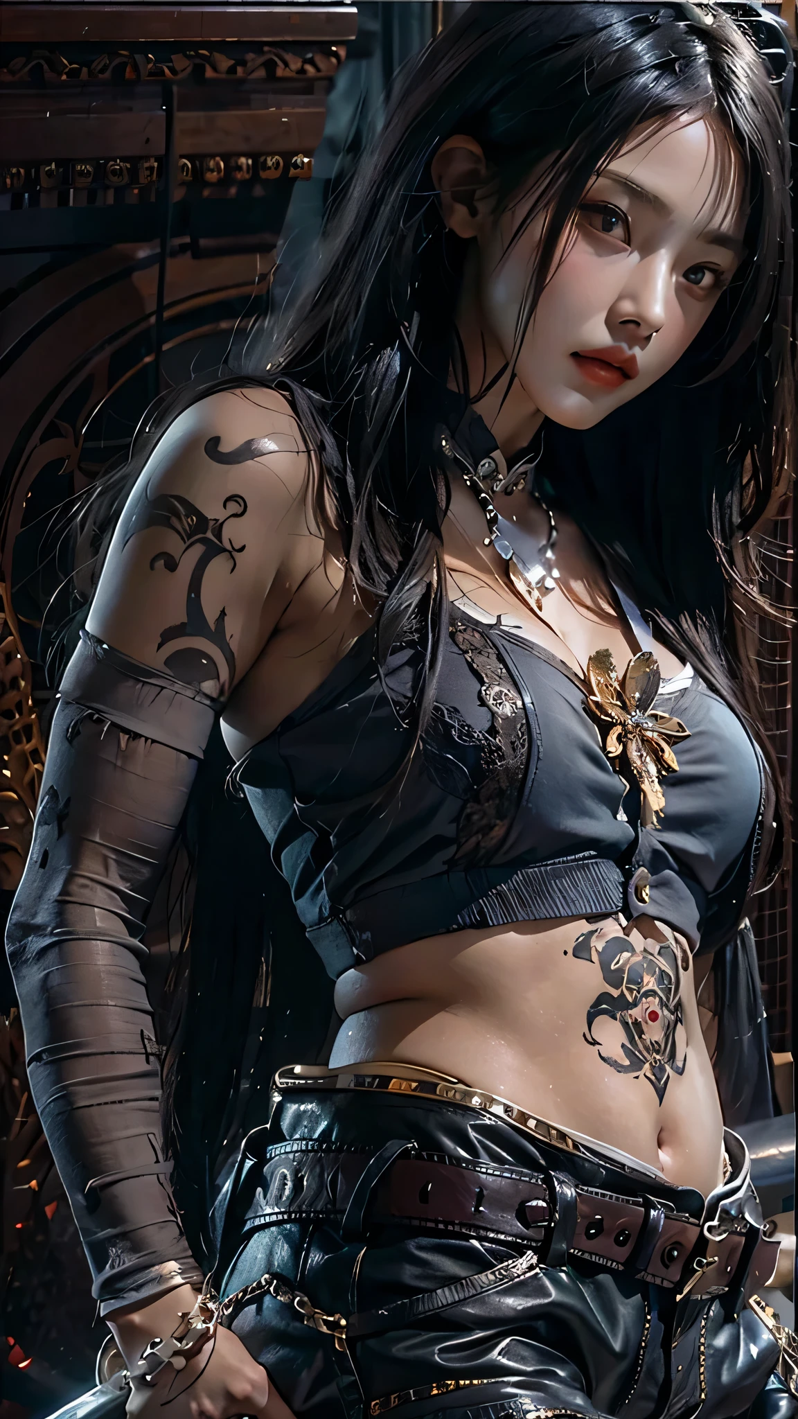 photorealistic, high resolution, soft light,1women, solo, hips up, (detailed face), jewelry, tattoo,black mafia clothing, black hair, super long hair, looking viewers, tatto, messy hair, close up, small breast, adult, holding sword