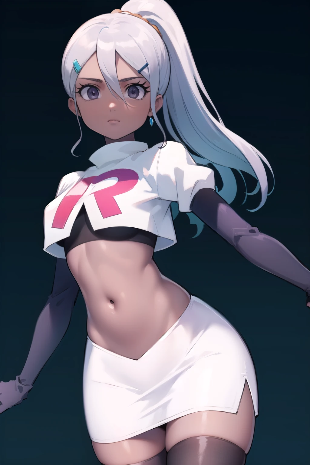 juliemakimoto, julie makimoto, long hair, hair ornament, ponytail, white hair, hairclip, dark skin, dark-skinned female, (grey eyes:1.5),
BREAK navel, jewelry, team rocket,team rocket uniform, red letter R, white skirt,white crop top,black thigh-highs,black elbow gloves
BREAK looking at viewer, (cowboy shot:1.5),
BREAK (masterpiece:1.2), best quality, high resolution, unity 8k wallpaper, (illustration:0.8), (beautiful detailed eyes:1.6), extremely detailed face, perfect lighting, extremely detailed CG, (perfect hands, perfect anatomy),