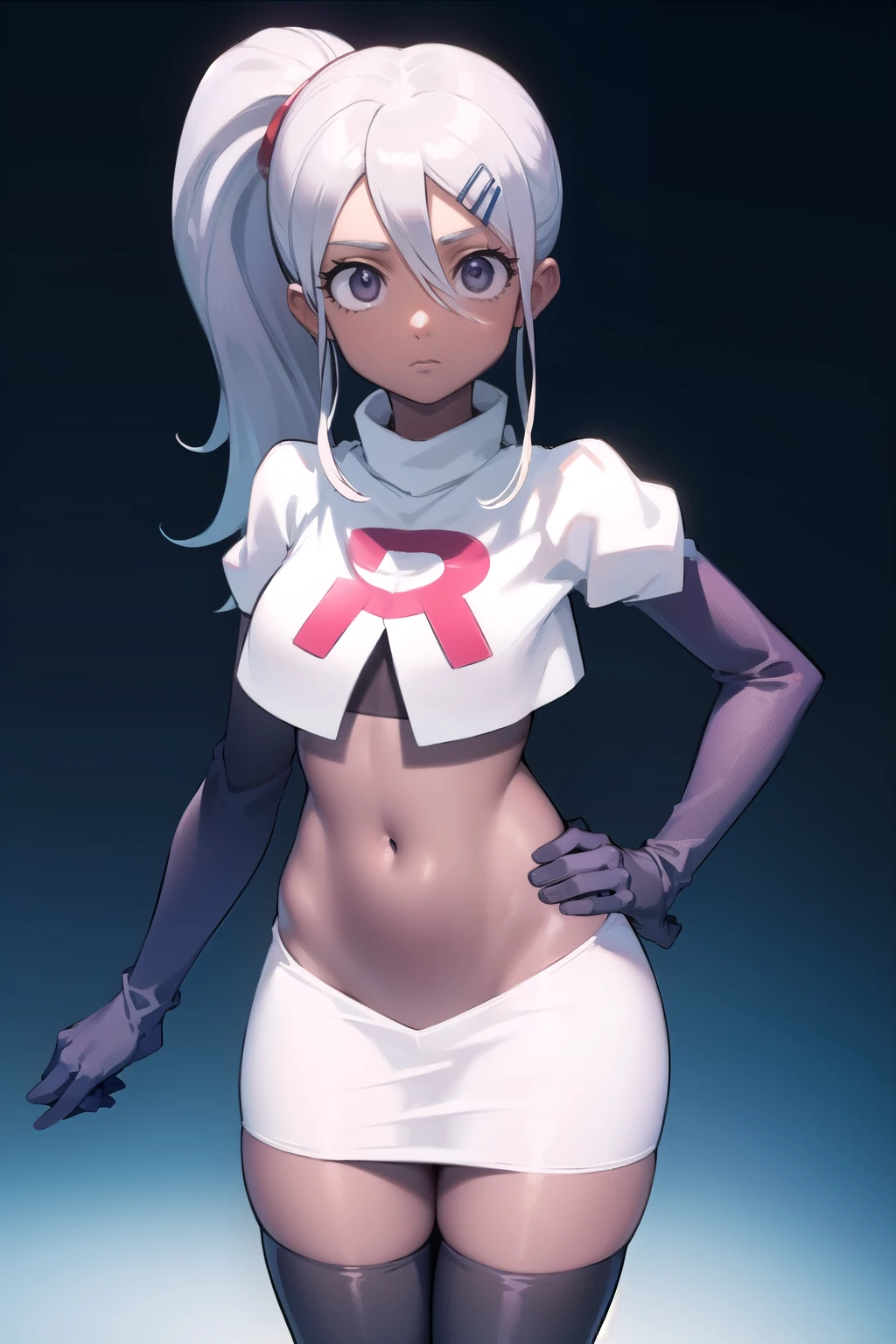 juliemakimoto, julie makimoto, long hair, hair ornament, ponytail, white hair, hairclip, dark skin, dark-skinned female, (grey eyes:1.5),
BREAK navel, jewelry, team rocket,team rocket uniform, red letter R, white skirt,white crop top,black thigh-highs,black elbow gloves
BREAK looking at viewer, (cowboy shot:1.5),
BREAK (masterpiece:1.2), best quality, high resolution, unity 8k wallpaper, (illustration:0.8), (beautiful detailed eyes:1.6), extremely detailed face, perfect lighting, extremely detailed CG, (perfect hands, perfect anatomy),