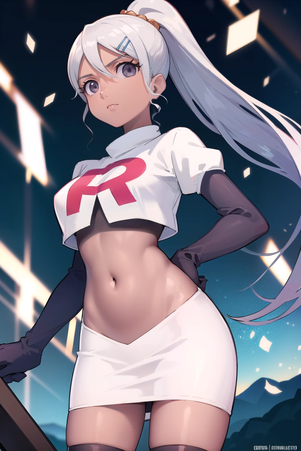 juliemakimoto, julie makimoto, long hair, hair ornament, ponytail, white hair, hairclip, dark skin, dark-skinned female, (grey eyes:1.5),
BREAK navel, jewelry, team rocket,team rocket uniform, red letter R, white skirt,white crop top,black thigh-highs,black elbow gloves
BREAK looking at viewer, (cowboy shot:1.5),
BREAK (masterpiece:1.2), best quality, high resolution, unity 8k wallpaper, (illustration:0.8), (beautiful detailed eyes:1.6), extremely detailed face, perfect lighting, extremely detailed CG, (perfect hands, perfect anatomy),